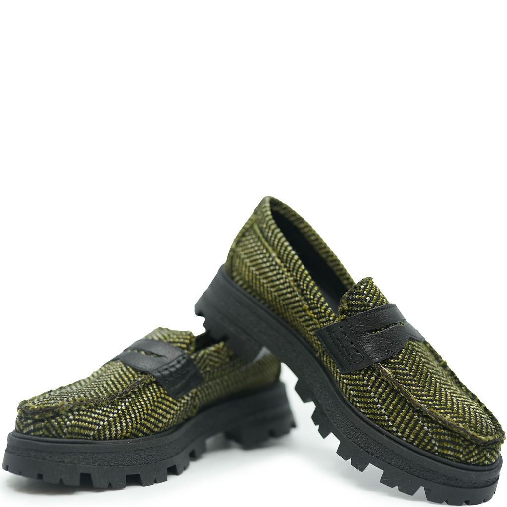 Blublonc Khaki Tweed Chunky Loafer Shoes for Women - Comfortable Slip-On Casual Flats with Rubber Sole - Perfect for Office, Travel & Everyday Wear