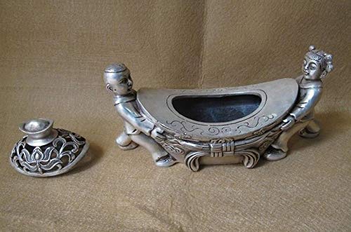 Exquisite Tibetan Silver Feng Shui Boy & Girl Yuanbao Statue Incense Burner - Handmade Asian Home Decor for Wealth & Harmony - Perfect for Meditation, Yoga Room & Spiritual Gifts