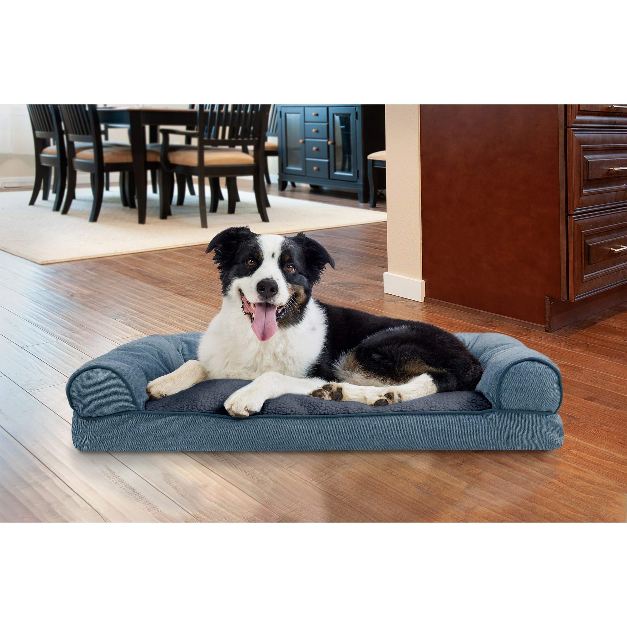 Furhaven Orthopedic Dog Bed for Large & Medium Dogs - Removable Bolsters & Machine Washable Cover - Plush Sherpa & Chenille Sofa Style - Orion Blue (Large) - Perfect for Living Room, Bedroom & Pet-Friendly Spaces