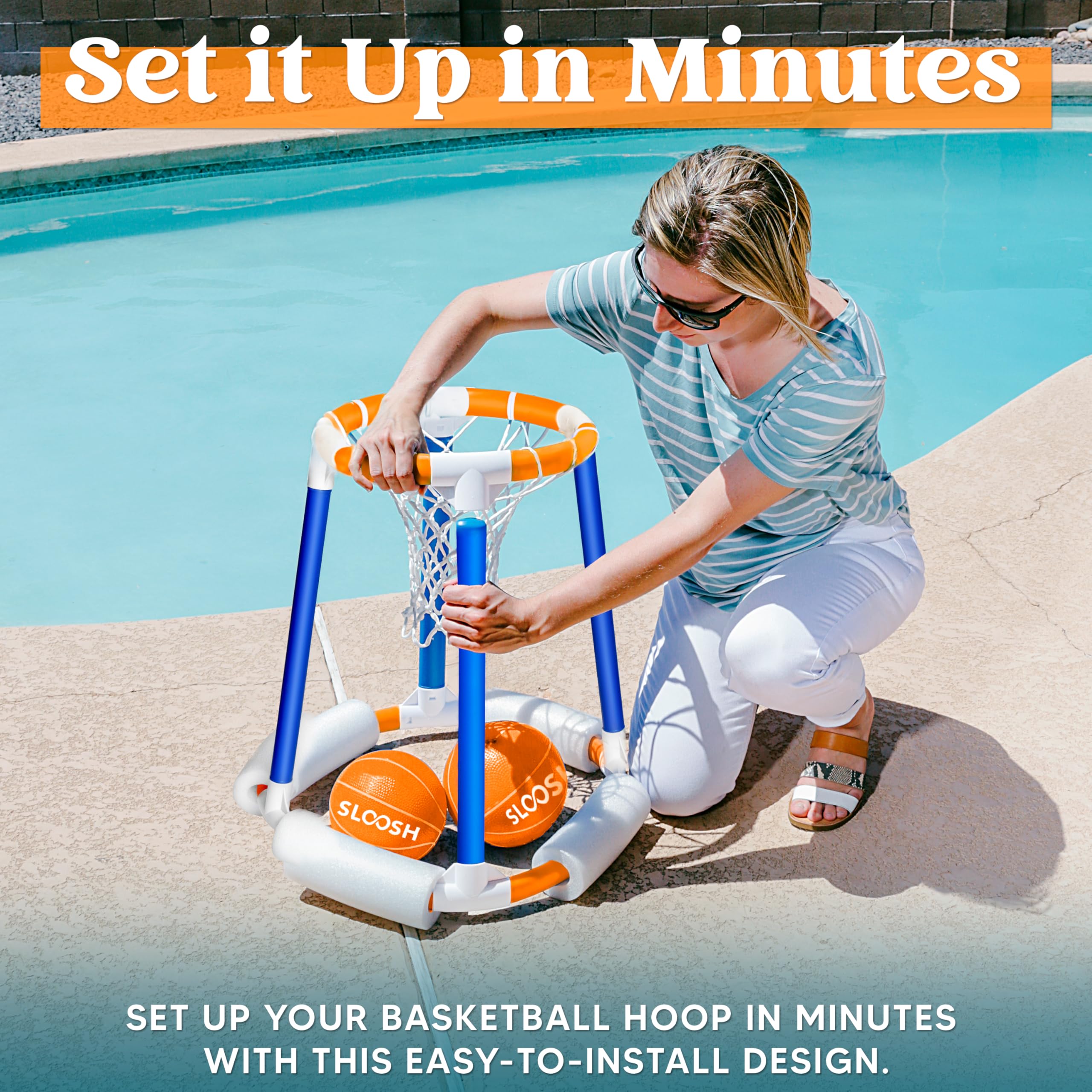 Floating Basketball Hoop for Pool - Sloosh Inflatable Water Basketball Game Set with Pump & Balls - Outdoor Swimming Pool Toys for Kids Adults - Perfect for Summer Parties, Beach Vacations & Backyard Fun (Blue/Orange)