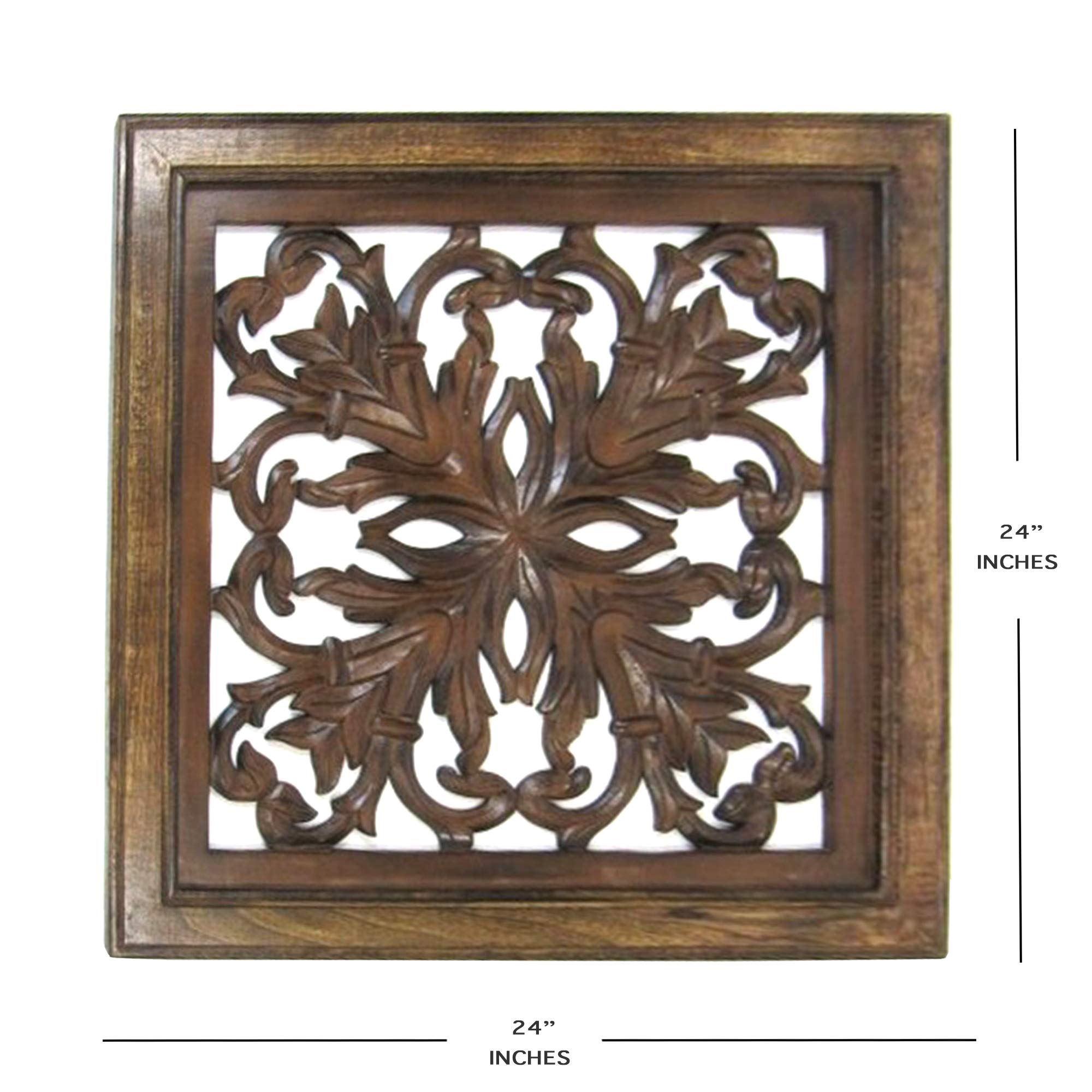 24” x 24” Brown Wood Square Wall Hanging Panel - Handcrafted Indian Wood Wall Art Decor for Living Room, Bedroom & Office | India Overseas Trading Corporation