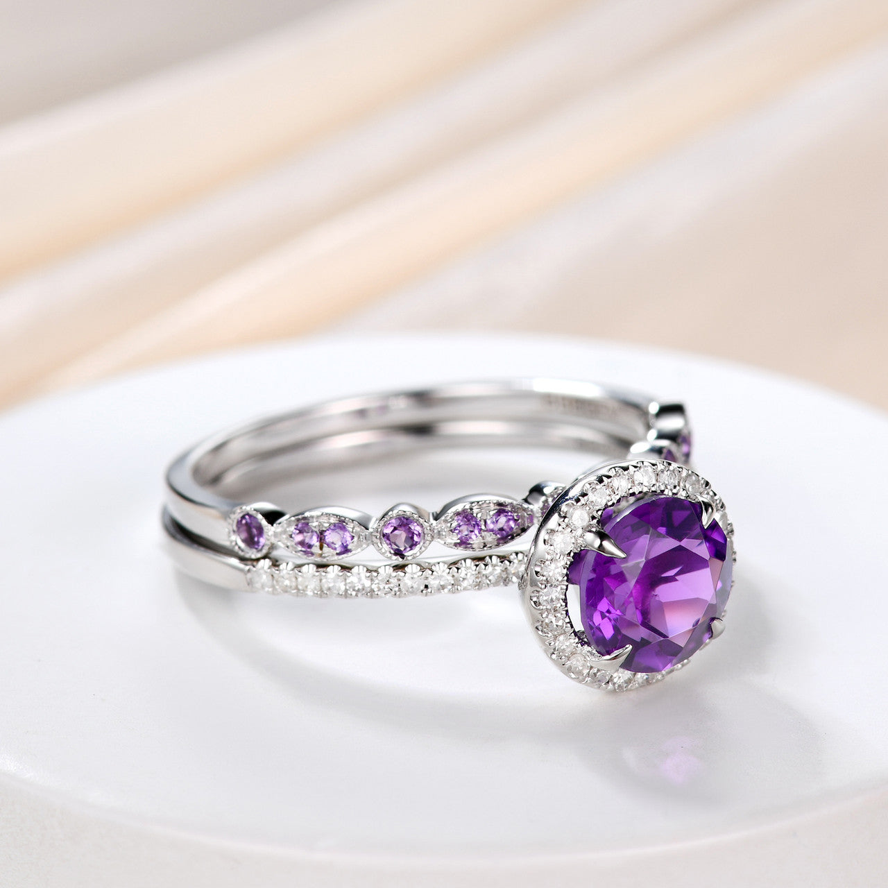 Amethyst Engagement Ring & Wedding Band Set - 14K White Gold with Diamonds, February Birthstone Jewelry Gift for Women, Anniversary, Promise, Valentine's Day - Perfect for Proposals, Weddings & Special Occasions