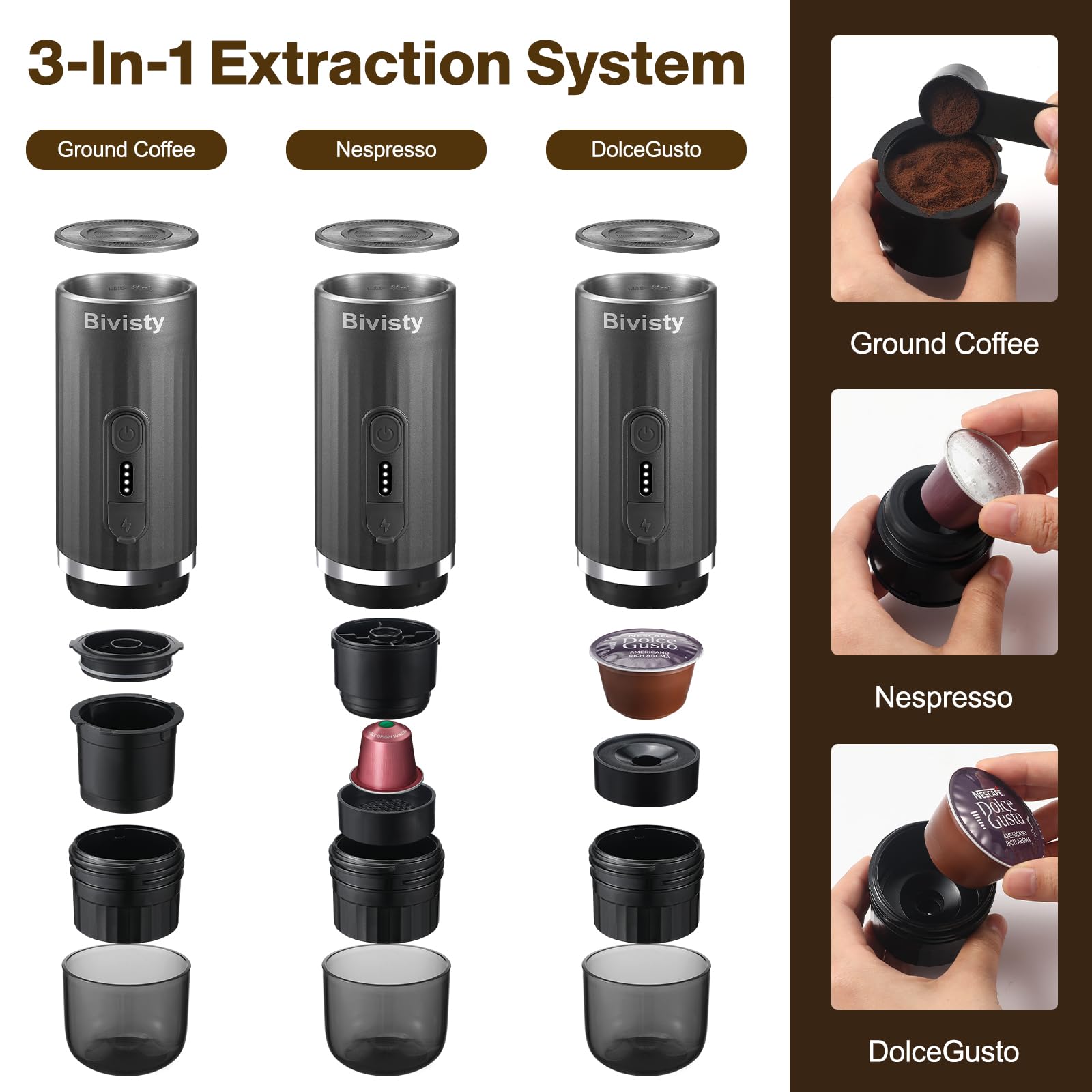 Portable Espresso Maker - Wireless Self-Heating Travel Coffee Machine with 80ml Water Tank, Compatible with Nespresso & Dolce Gusto Ground Coffee - Perfect for Camping, Hiking, Office & Outdoor Adventures (Grey)