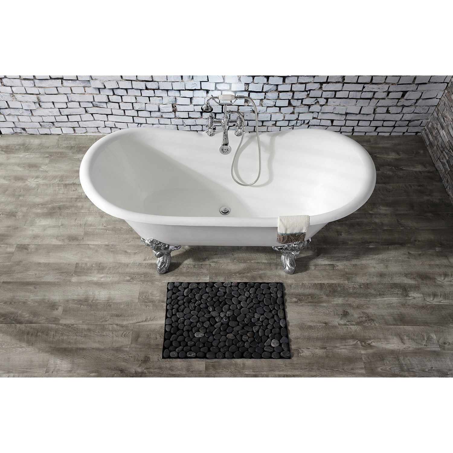 Aqua Eden 67 Inch White Cast Iron Oval Double Slipper Clawfoot Bathtub with Polished Chrome Faucet Drillings - Vintage Freestanding Soaking Tub for Luxury Bathroom & Spa Retreat