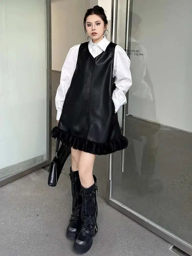 Black Leather Mesh Dress Shirt & Suit Set for Women - Fashionable Two-Piece Lapel Long Sleeve Outfit for Spring & Fall 2025 (Style 1DH9256) | Perfect for Office Wear, Evening Events & Special Occasions