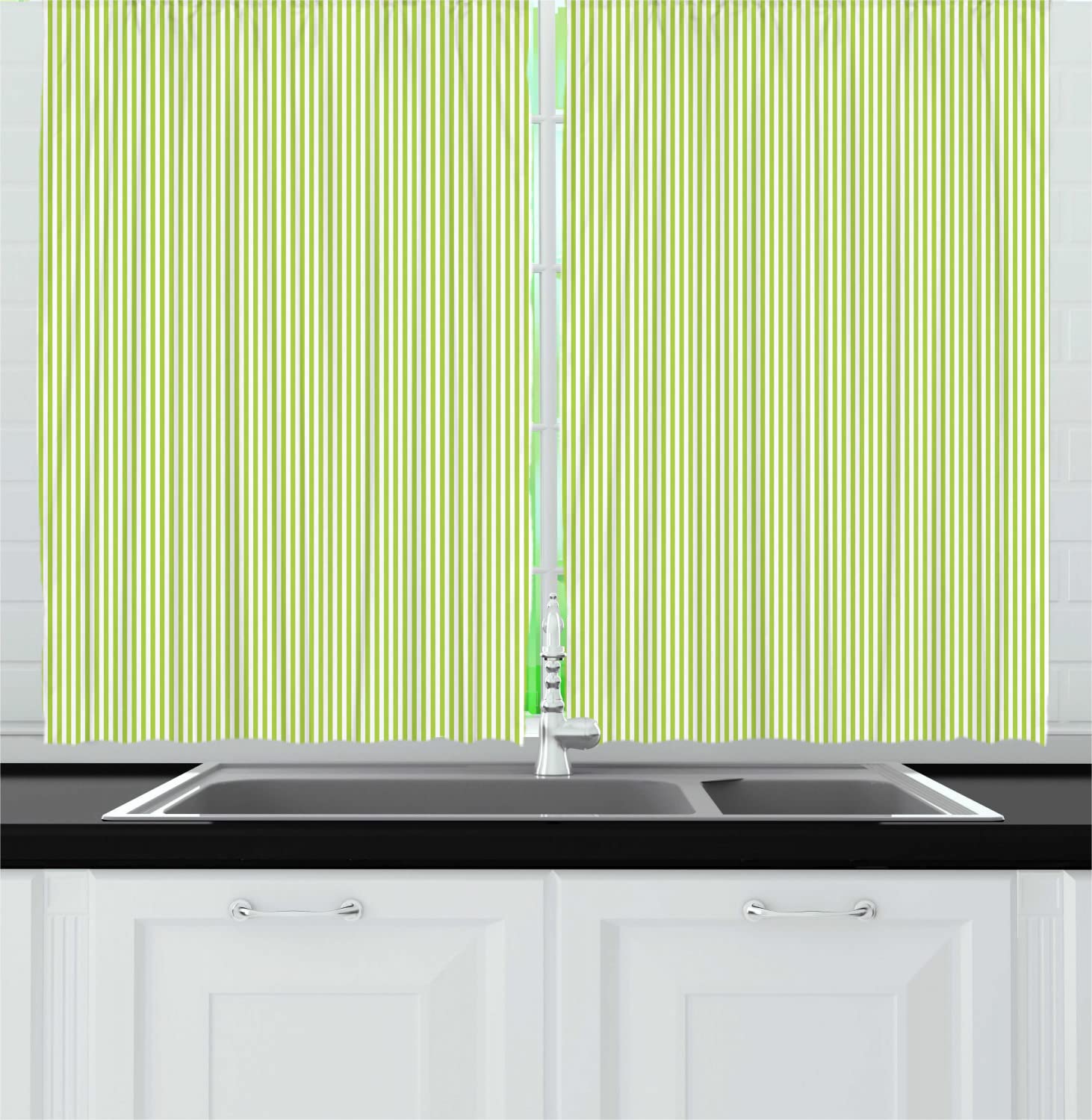 Ambesonne Striped Long Kitchen Curtains - Monochrome Vertical Lines Pattern, Retro Summer Vibes - 2 Panel Drapes with Rod Pocket, 55