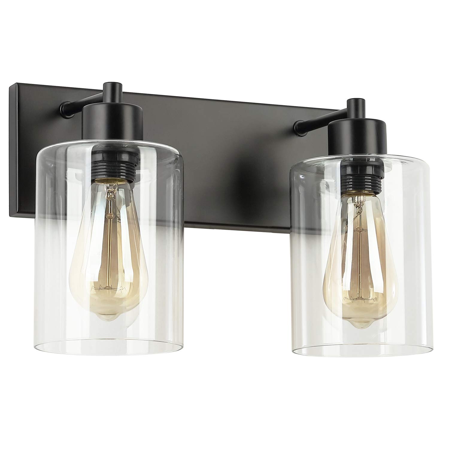 2-Light Matte Black Bathroom Vanity Light Fixtures with Clear Glass Shade - Modern Farmhouse Wall Sconces for Bathroom, Bedroom, or Hallway Lighting