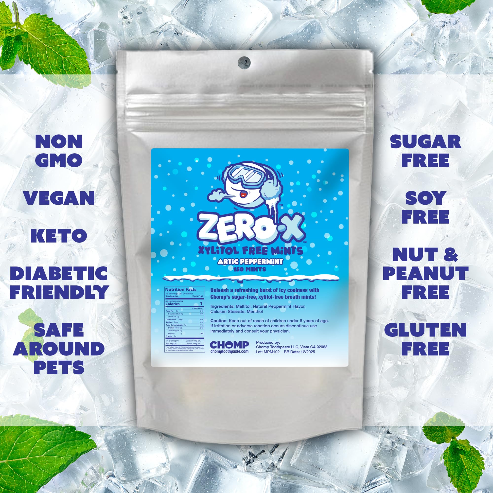 Chomp Zero-X Xylitol-Free Peppermint Breath Mints - 150 Count Sugar-Free Mints for Fresh Breath - Perfect for Travel, Office & After Meals