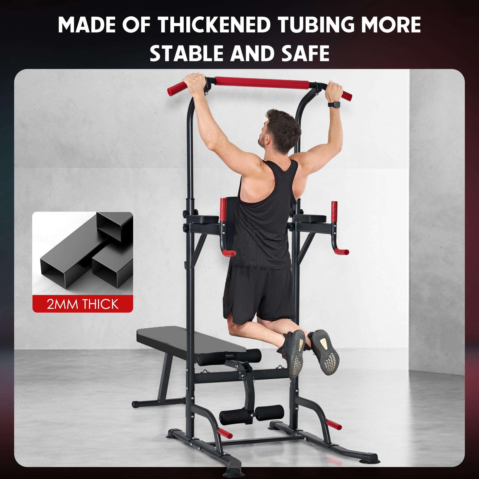 SogesPower Adjustable Height Power Tower - Multi-Function Pull Up Bar & Dip Station for Home Gym, Strength Training Equipment with Folding Dumbbell Bench (330LBS Capacity) - Perfect for Full-Body Workouts, Calisthenics & Home Fitness Training
