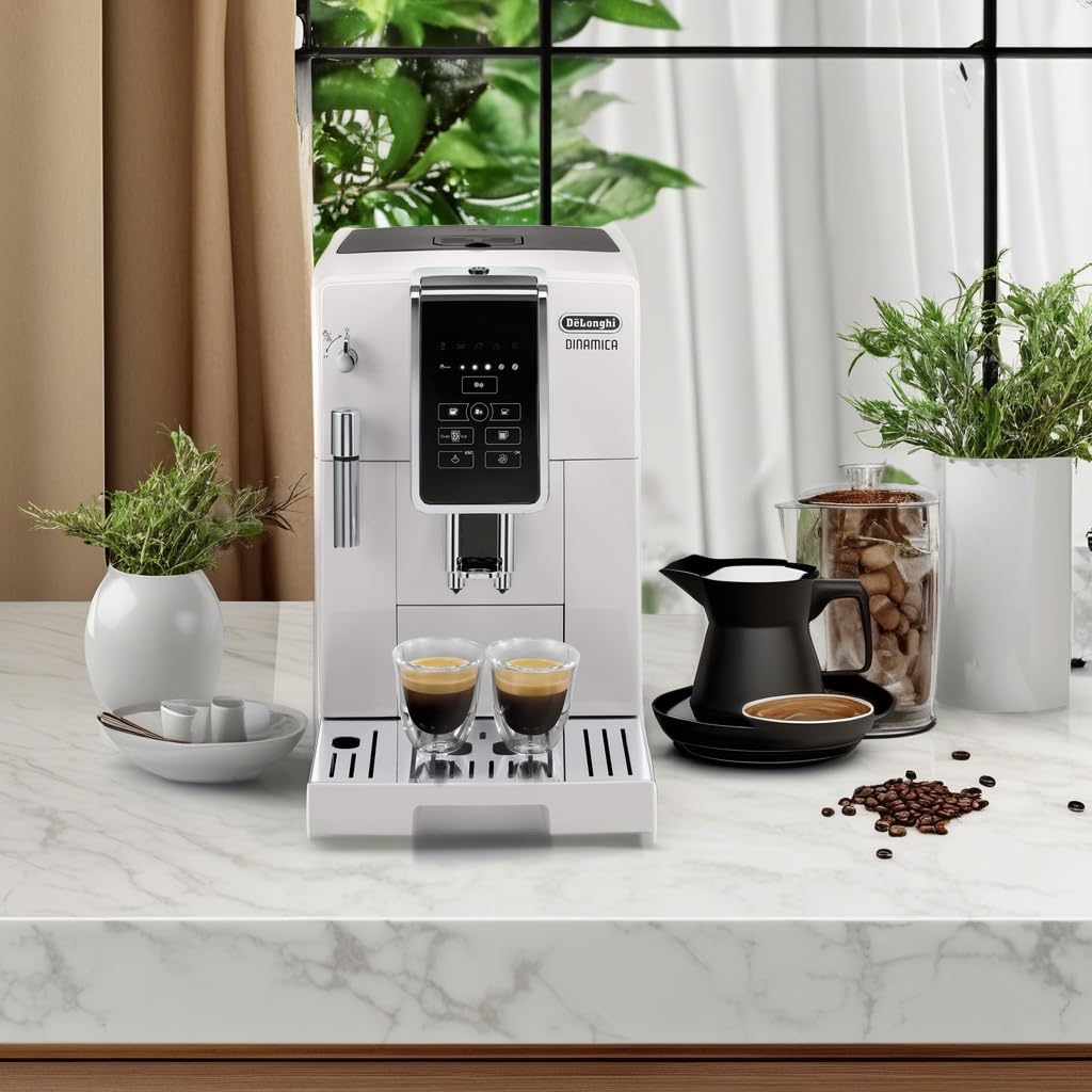 De’Longhi ECAM35020W Dinamica Fully Automatic Coffee & Espresso Machine with Burr Grinder - Make Hot & Iced Coffee - Includes Descaling Solution, Cleaning Brush & Bean-Shaped Ice Cube Tray - Perfect for Home, Office & Entertaining (White)