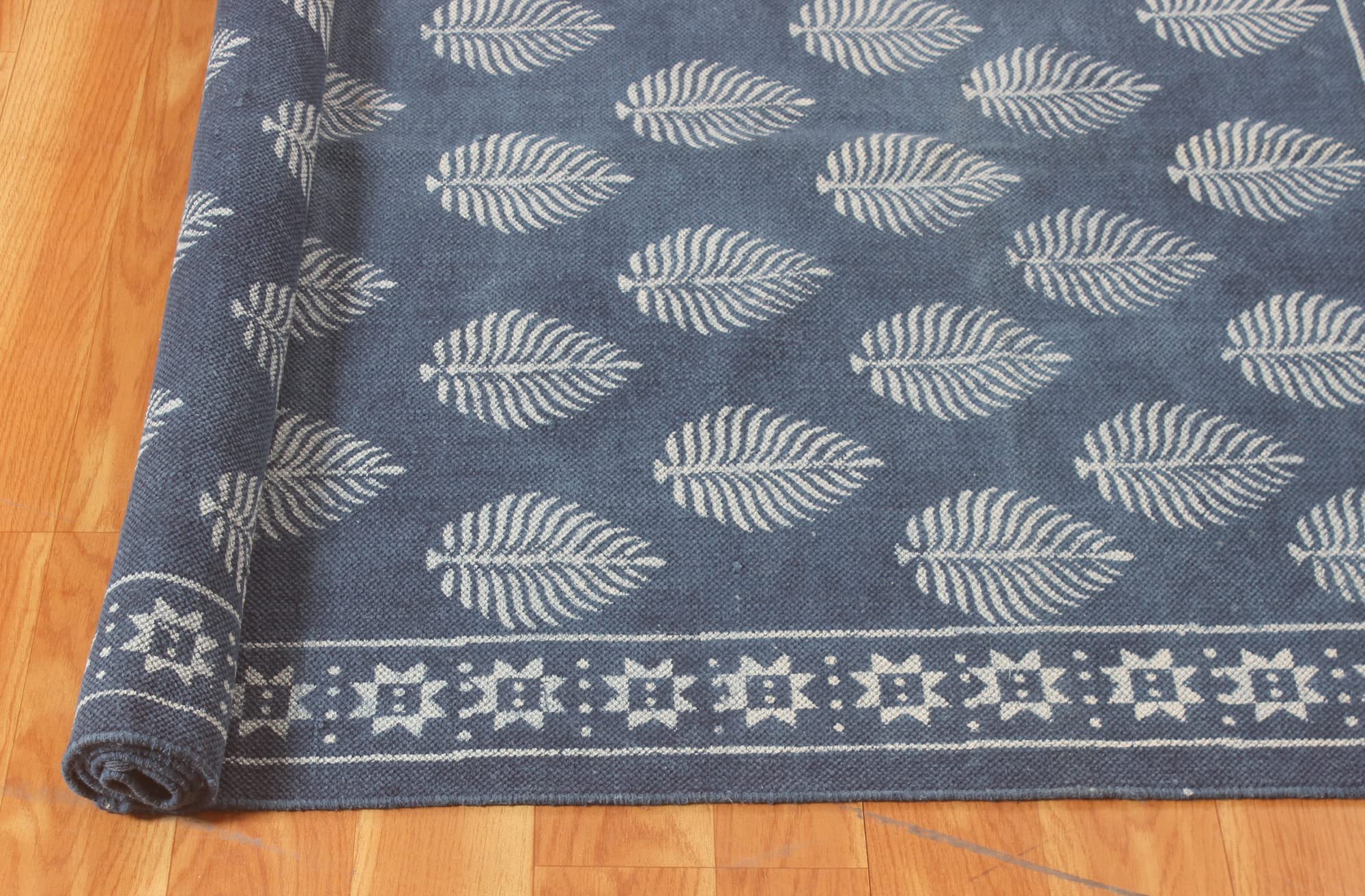 Hand Woven Pure Cotton Area Rug - Indigo Blue Floral Design with Tassels, Reversible Runner Rug (4x15 Feet) for Living Room, Bedroom, Laundry & Bathroom Floor Decor