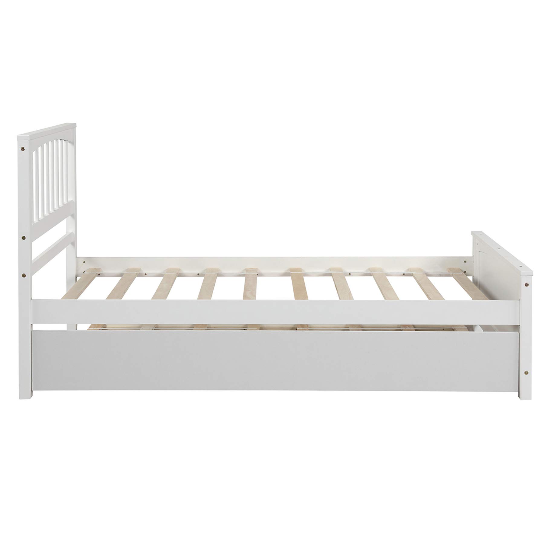 P PURLOVE Twin Size Wood Platform Bed Frame with Trundle - No Box Spring Needed, White - Perfect for Kids' Rooms, Guest Bedrooms & Small Spaces