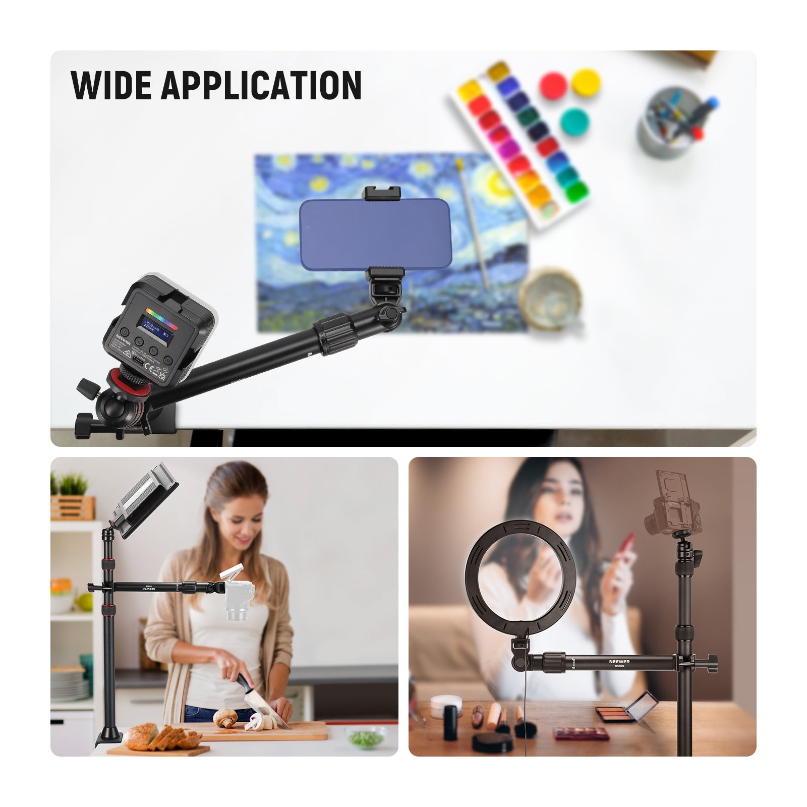 NEEWER DS008 Overhead Camera Mount Arm with Adjustable Phone Clip - Perfect for YouTube, TikTok, Vlogging & Live Streaming