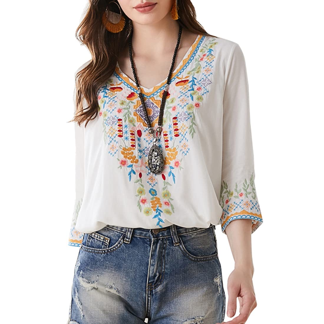 AK Women's Embroidered 3/4 Sleeve V-Neck Peasant Tunic Blouse - Traditional Mexican Style Summer Top for Casual Wear, Festivals & Boho Outfits