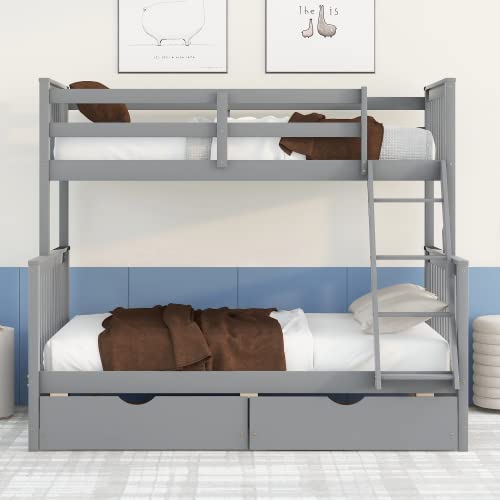 SOFTSEA Twin Over Full Bunk Bed with Ladder & 2 Storage Drawers - Sturdy Wooden Loft Bed Frame for Kids & Teens - Space Saving Bedroom Furniture (Grey) - Perfect for Small Rooms, Shared Kids' Bedrooms & Sleepovers