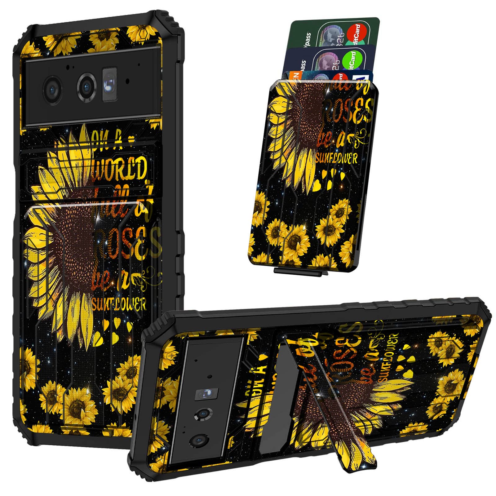 Google Pixel 6 Pro 5G Case (2021) - Heavy Duty Rugged Wallet Case with Card Holder, Detachable ID Slot & Kickstand | Sunflower Quote Design | Perfect for Outdoor Activities, Travel & Daily Protection