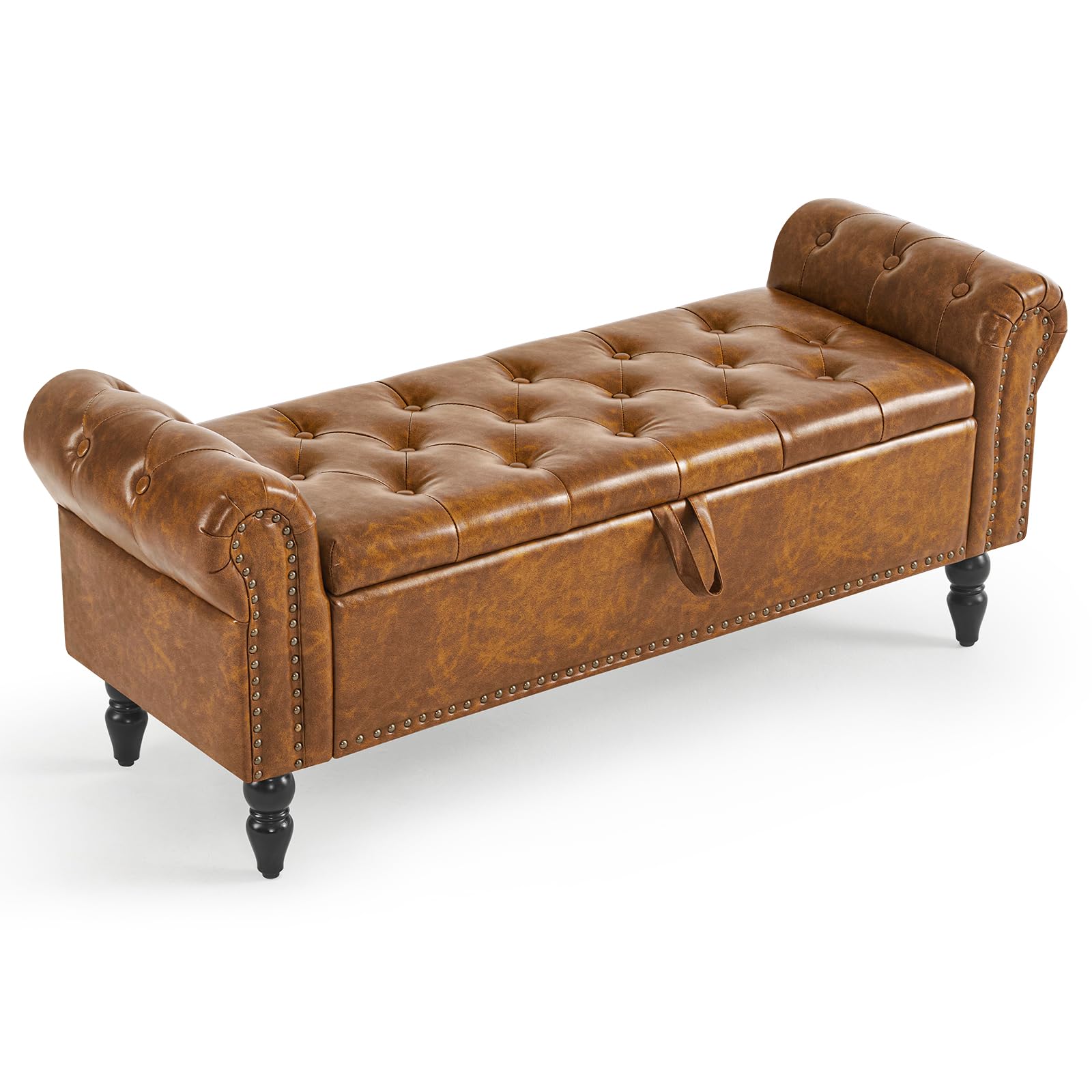 Furniliving Leather Storage Ottoman Bench - Solid Wood Legs, Upholstered Footrest & Seat with Hidden Storage | Living Room, Bedroom, Entryway Furniture | Perfect for Small Spaces & Home Organization (Yellow-Brown)