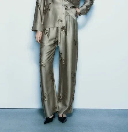 Women's 2-Piece Sequin Shirt & Wide Leg Pants Set - Fashion Print Loose Lapel Long Sleeve Top Elegant Outfit for Party, Dinner & Special Occasions
