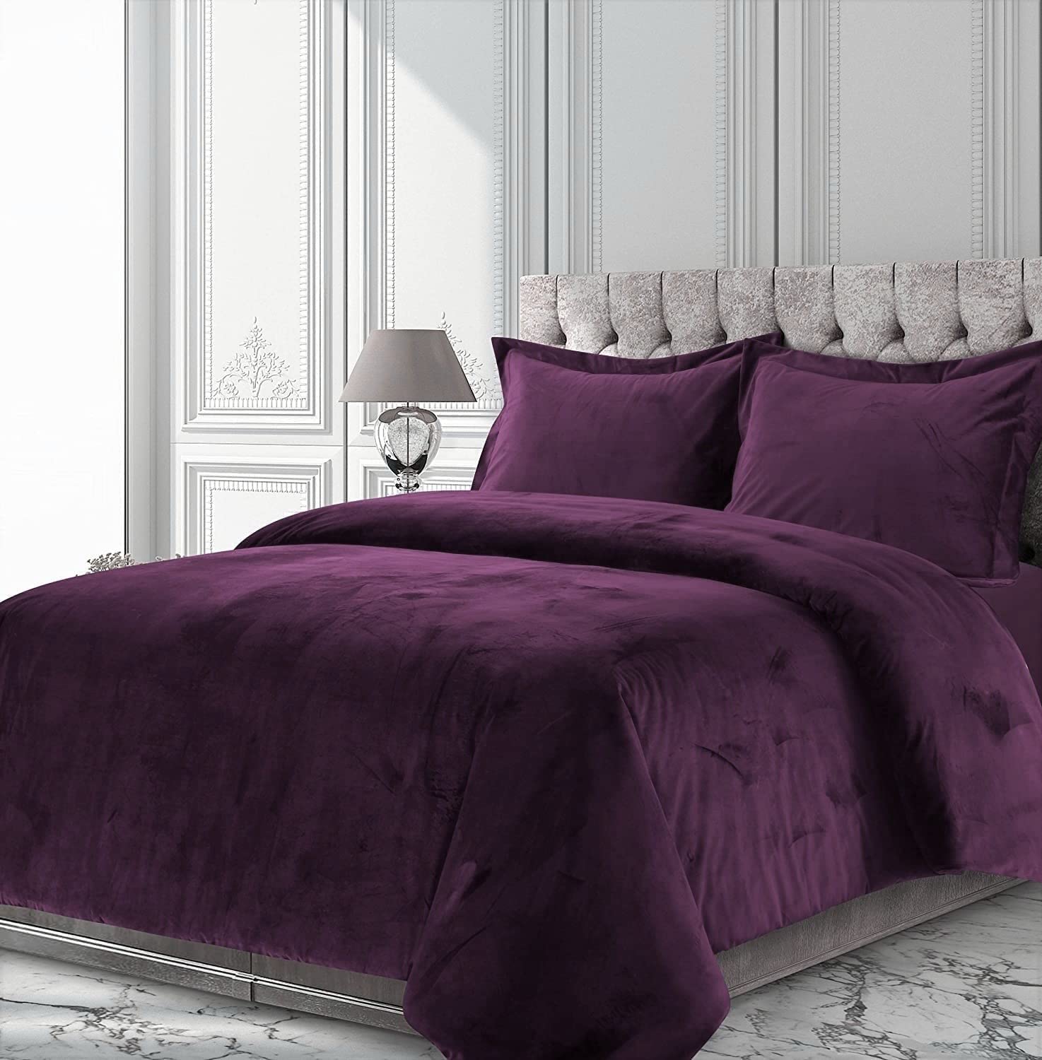 Premium Velvet Eggplant Comforter Set - Oversized King 3 Piece (1 Comforter + 2 Pillowcases) | 300 GSM Crushed Velvet & Sherpa Quilt Duvet | Ultra Soft Bedding for Cozy Winter Nights & Luxurious Bedroom Decor
