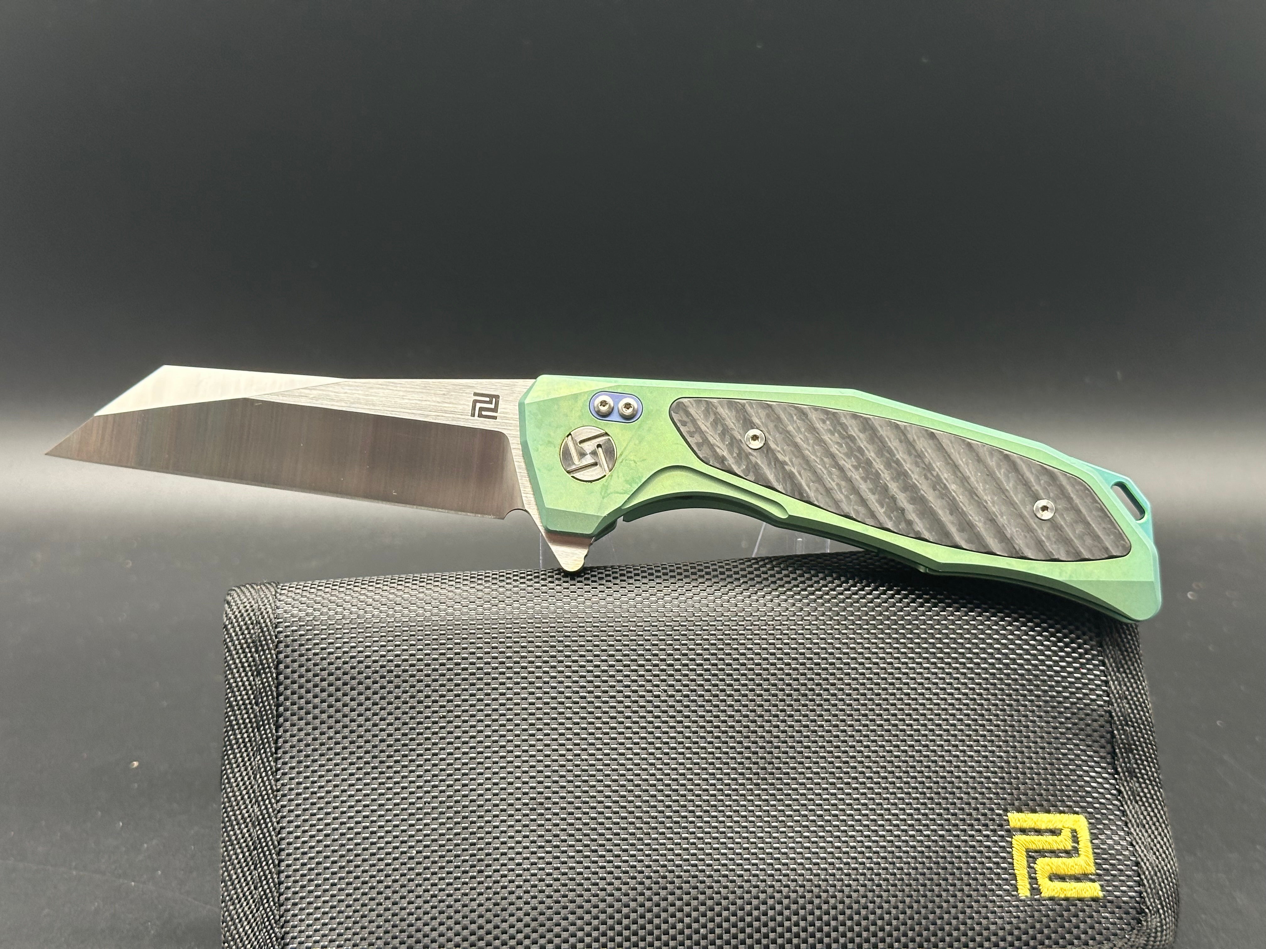Artisan Cutlery Megahawk S35VN Wharncliffe Folding Knife - Premium Green Titanium Handles with Carbon Fiber Inlays - EDC, Outdoor, Camping & Survival Tool