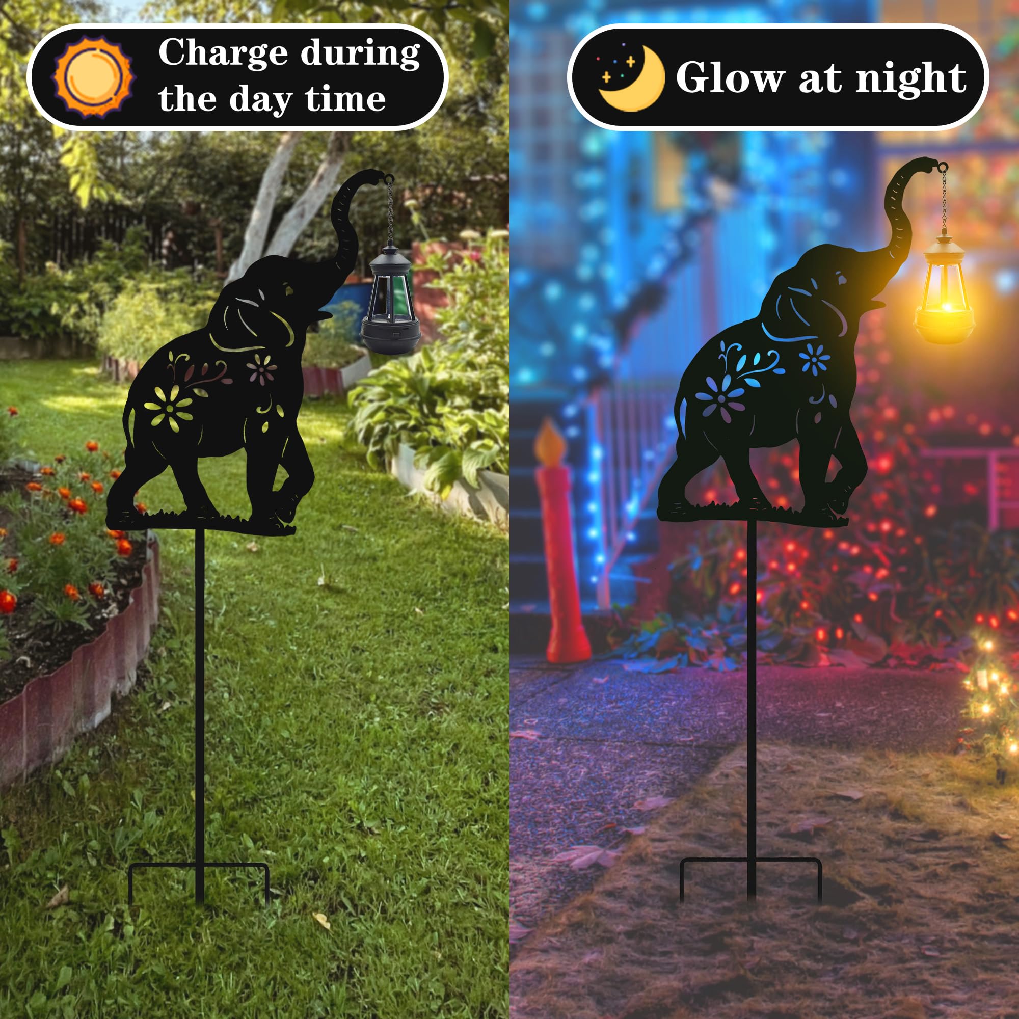 Solar Powered Elephant Garden Stakes - Outdoor Solar Decor Metal Elephant Statue with LED Light, Animal Lantern for Yard & Lawn Decoration - Perfect for Patio, Pathway, Flower Bed Lighting at Night
