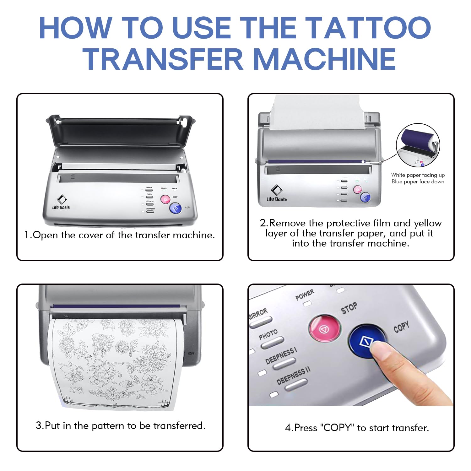 Professional Thermal Tattoo Stencil Printer Machine Kit - LifeBasis Tattoo Transfer Stencil Maker with 20 Sheets Transfer Paper for Tattoo Artists & Beginners - Perfect for Home Studios & Professional Tattoo Shops