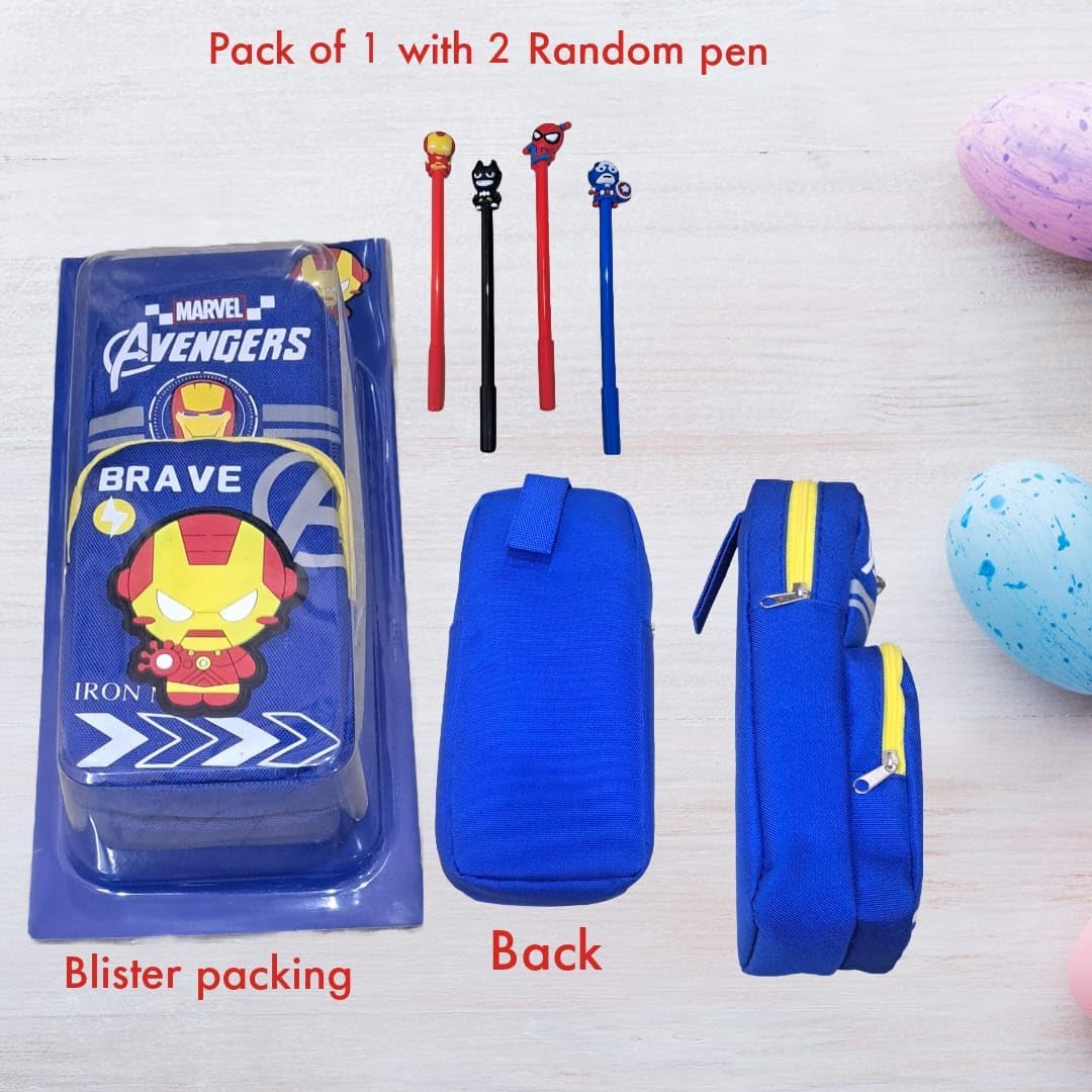 Marvel Avengers Themed Pencil Case for Boys - Dual Compartment School Stationery Organizer with 2 Pens Included | Perfect for School, Office & Travel (Iron Pouch + 2 Pens)