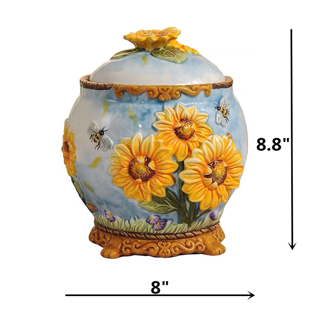 Handmade Ceramic Food Storage Containers with Lids - 3D Sunflower Design, Airtight Kitchen Jars for Flour, Sugar, Coffee & Spices | Decorative Countertop Organizer for Pantry & Home Decor
