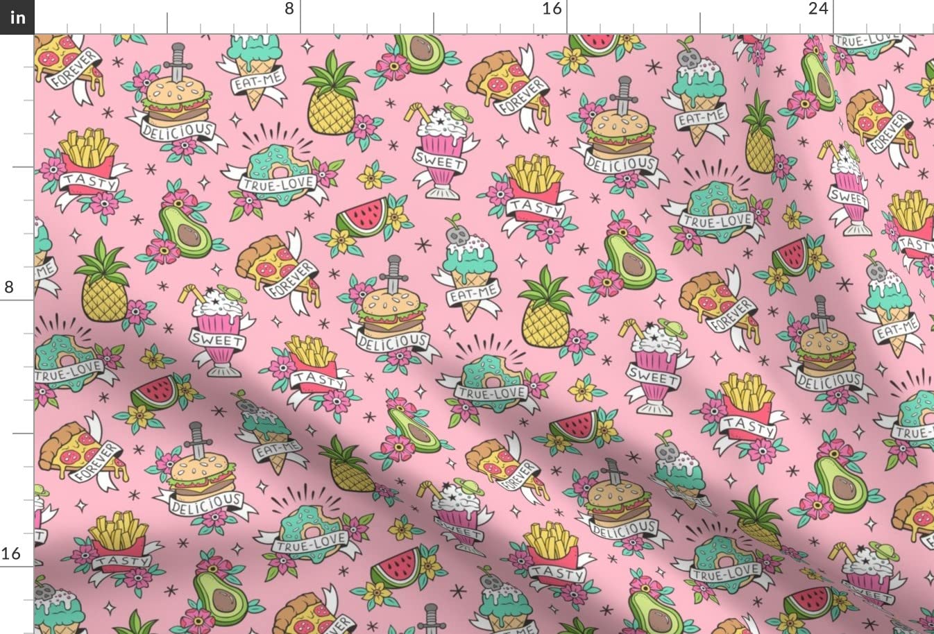 Food Tattoos Pink Fruit Printed Velvet Fabric - Autumn Fall Spring Summer Tropical Design Upholstery Material for Home Decor, Apparel & DIY Projects (Fat Quarter) | Perfect for Curtains, Pillows, Dresses & Crafting