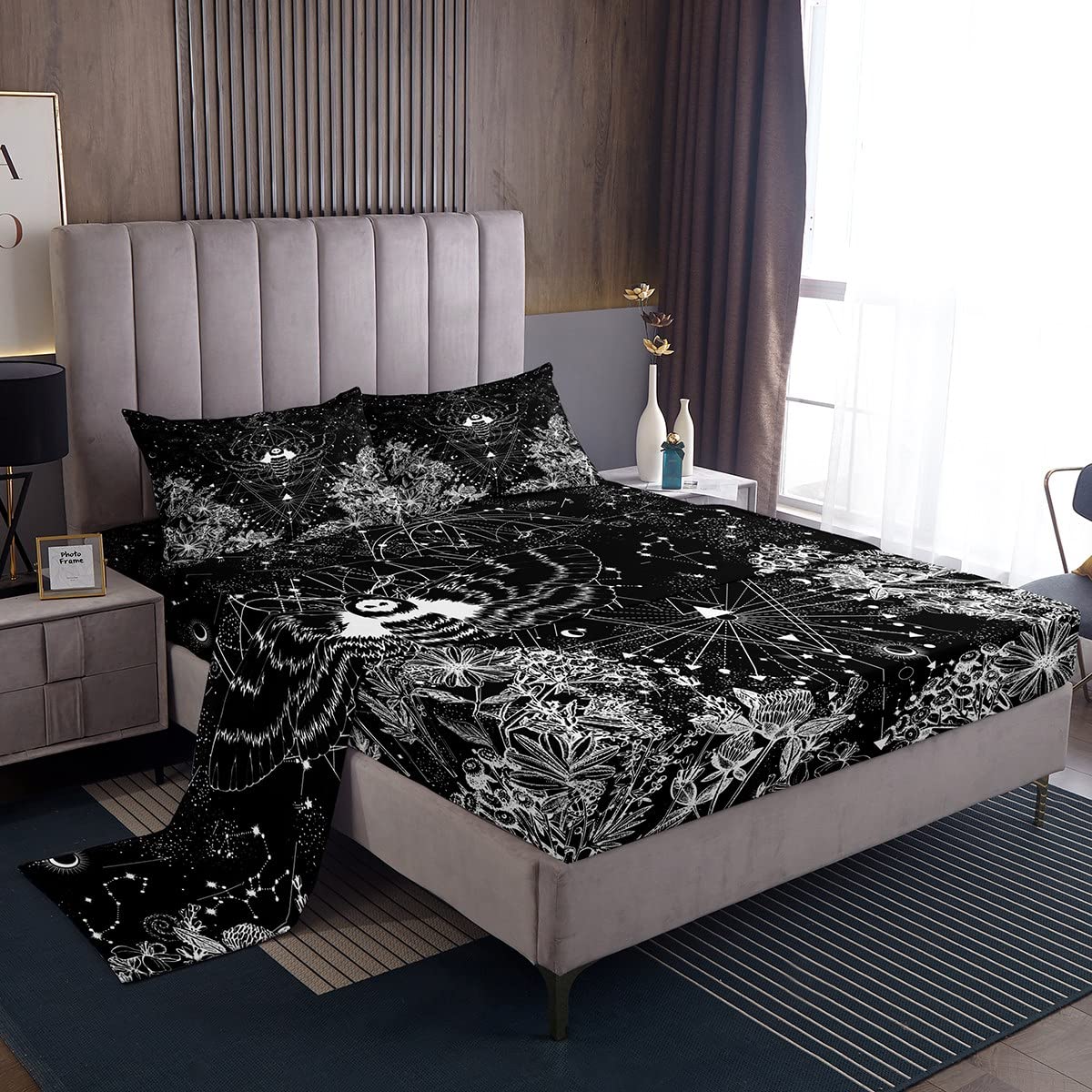Celestial Death Moth Twin Sheet Set - Glitter Star Bohemian Bedding with Nebula Print | 3-Piece Hippie Style Fitted & Flat Sheets in Black & White | Perfect for Boho Bedroom Decor & Teen Girl's Dorm Room