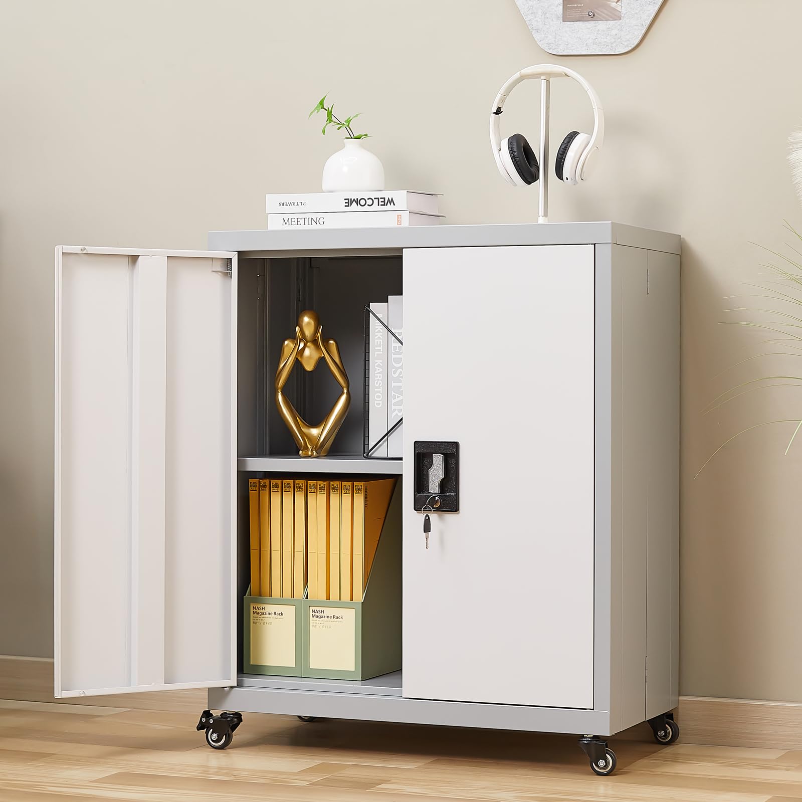 Lockable Metal Storage Cabinet with Adjustable Shelves & Wheels - Heavy Duty Garage Organizer for Home, Office, Kitchen & Living Room - Space Saving Grey Steel Cabinet for Tools, Supplies & Household Items
