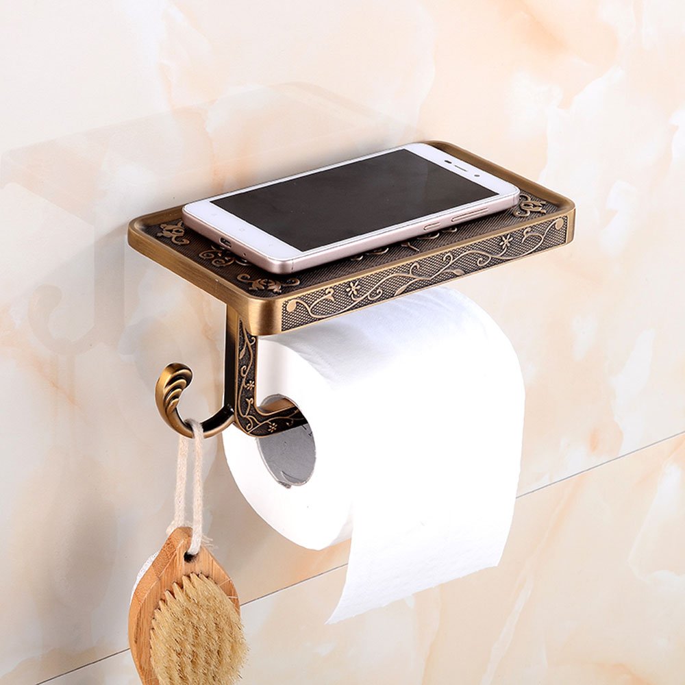 Vintage Wall Mount Toilet Paper Holder with Phone Shelf & Hook - Bathroom Tissue Roll Organizer for Home, RV, and Office Use