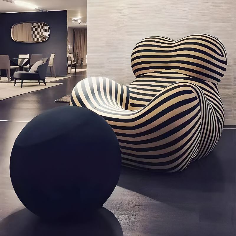 Stylish Striped & Solid Color Armchair with Cushion & Fixed Back - Burgundy/Mustard/Blue Upholstered Living Room Chair with Armrests & Matching Ottoman - Perfect for Home Office, Reading Nook or Lounge Area