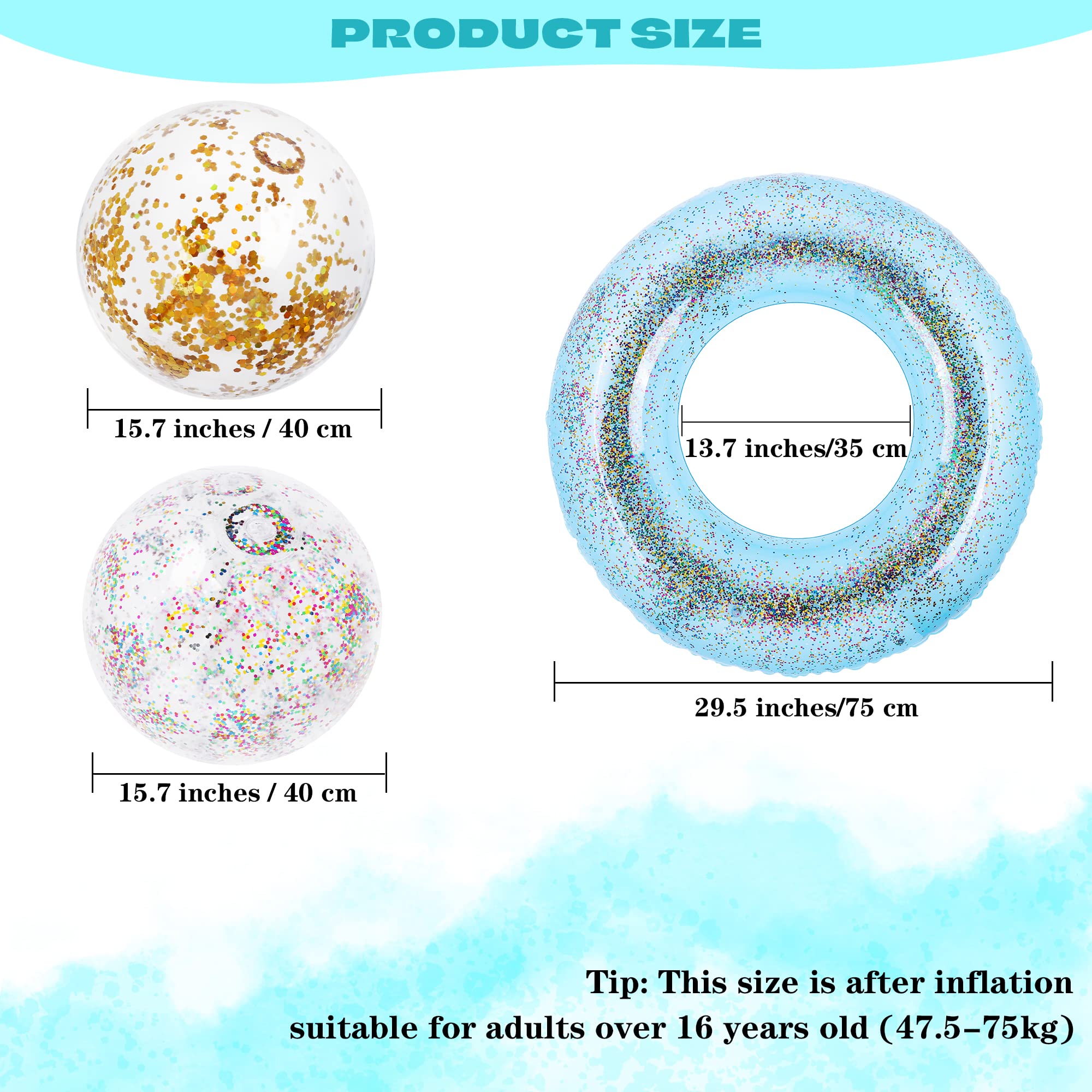 Elcoho 8-Pack Inflatable Glitter Pool Float Beach Balls - 35 Inch Large Swim Rings, Transparent Confetti Flotation Toys for Pool, Lake & Ocean | Perfect for Summer Parties, Backyard Swimming & Beach Vacations