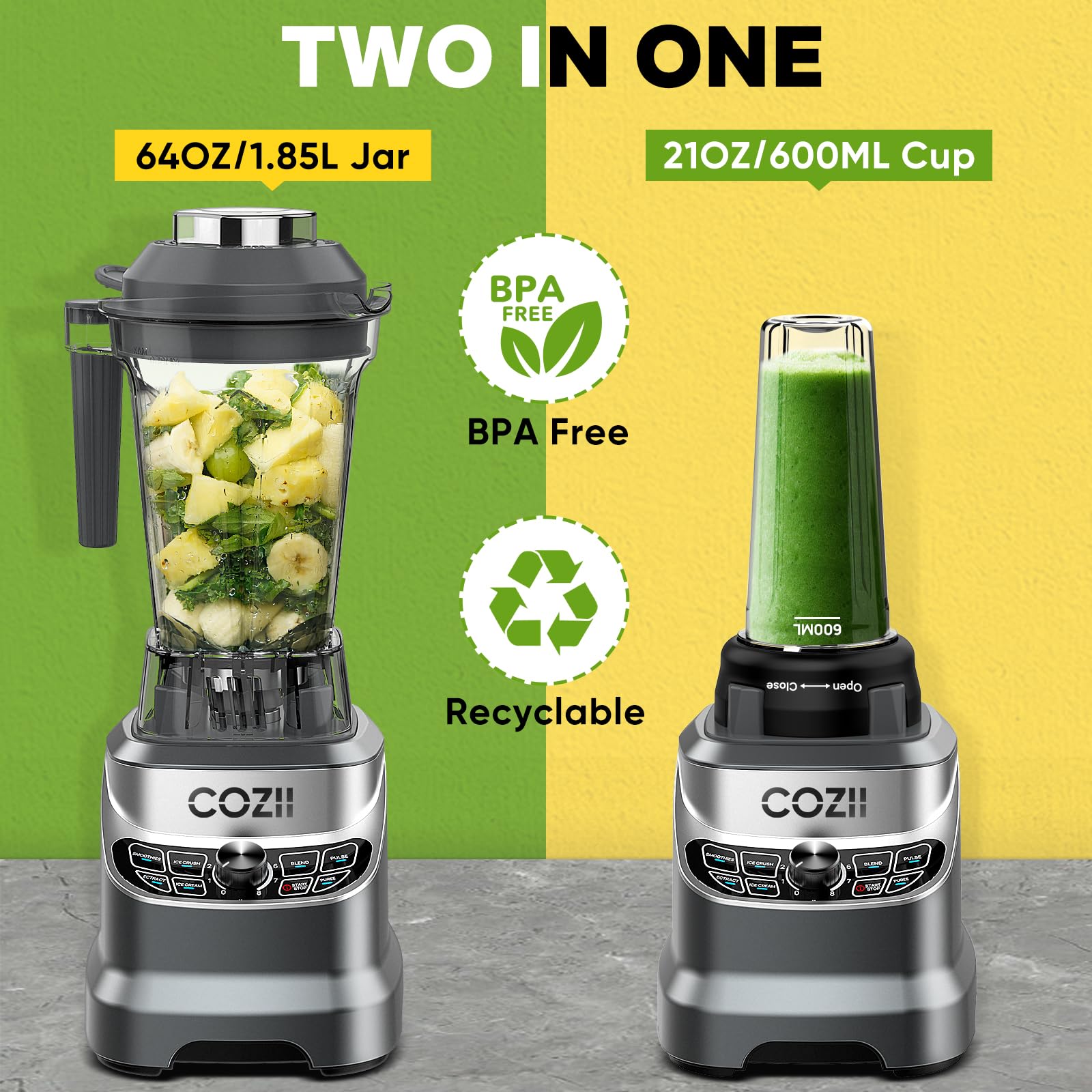 COZII 2000W Professional Blender for Smoothies, Frozen Drinks & Nut Butter - 64oz Pitcher & 21oz To-Go Cup - 7 Preset Programs for Ice Crushing, Dips & More - High Speed Countertop Blender - Dishwasher Safe - Perfect for Home Kitchen, Healthy Smoothie Making & Meal Prep