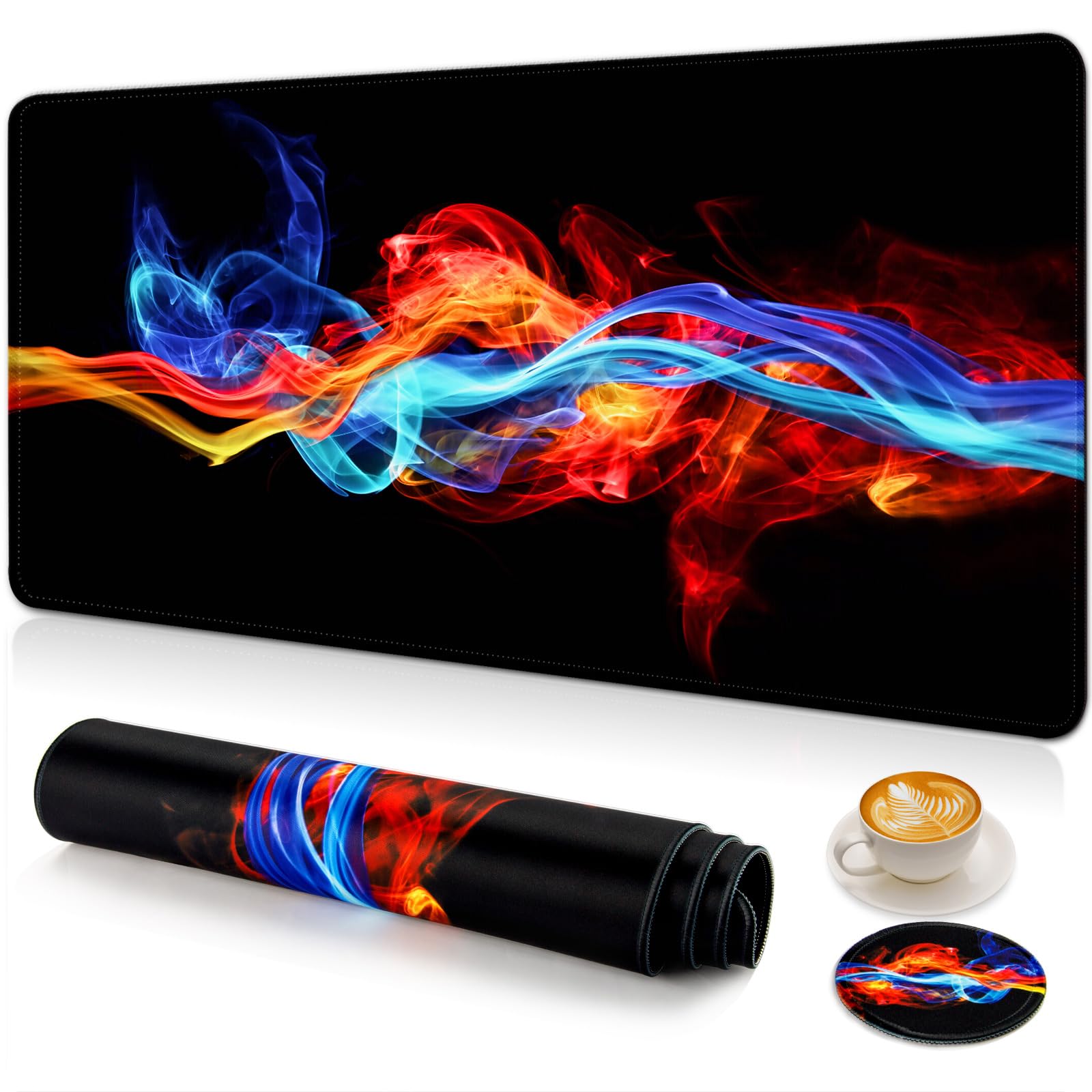 Large Gaming Mouse Pad with Non-Slip Base & Stitched Edges - 31.5'' x 15.6'' XXL Desk Mat for Computer, Keyboard & Laptop - Office & Gaming Accessory with Ice and Fire Design - Perfect for Work, Gaming & Home Office Setup