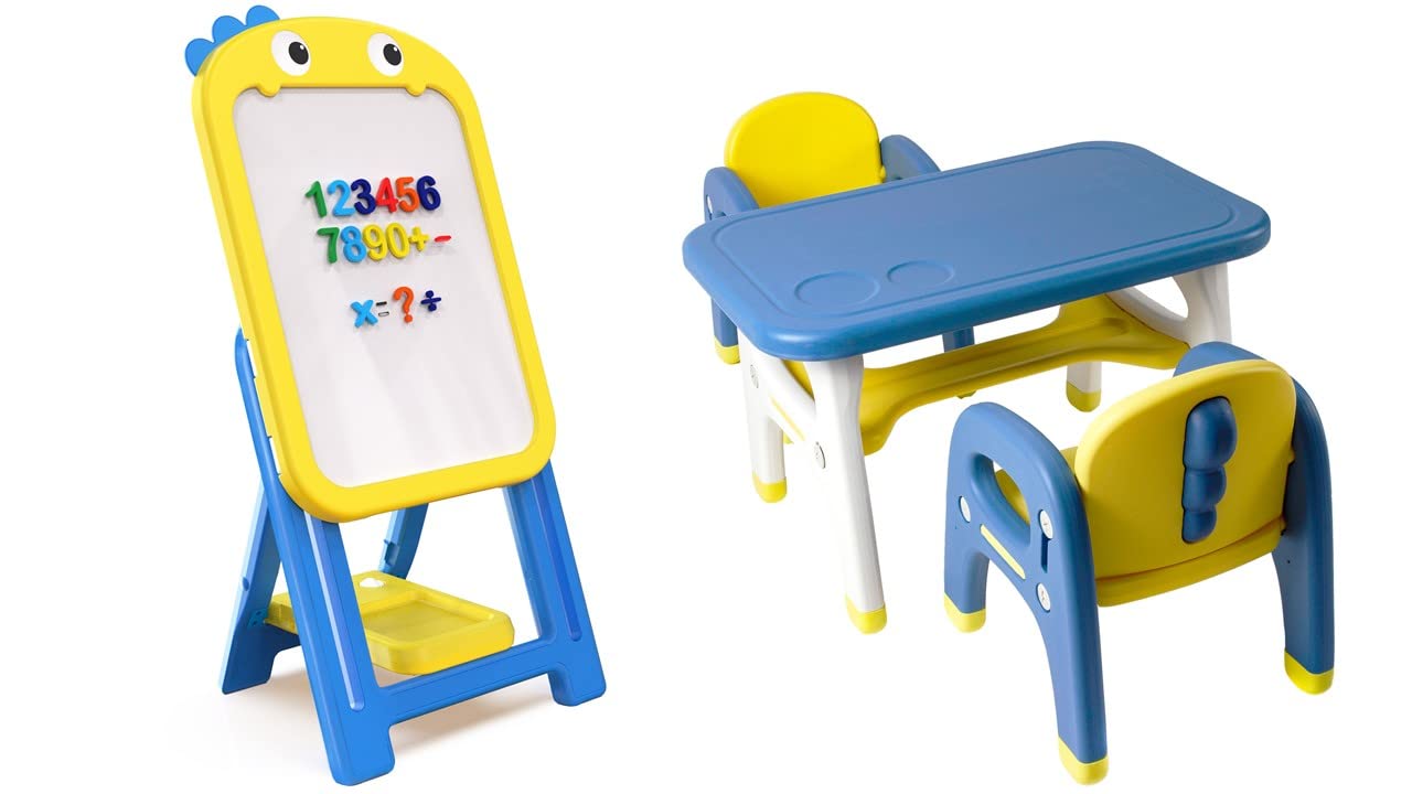 TinyGeeks Dinosaur Themed Kids Table and Chairs Set with Easel, Markers & Magnets - Durable Toddler Furniture in Blue & Yellow - Perfect for Playroom, Classroom & Homeschooling Activities