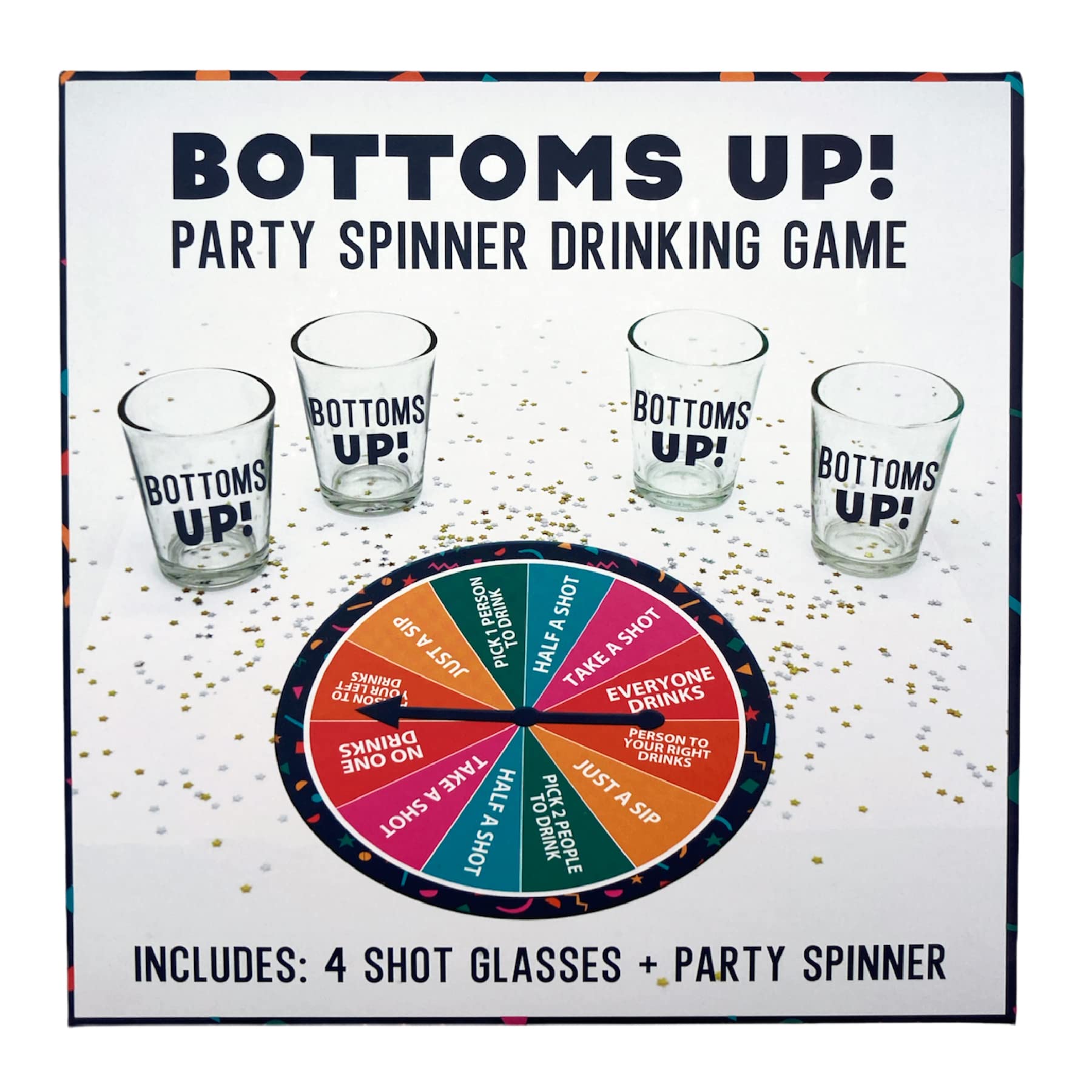 TMD Retail Bottoms Up Drinking Game Set for Adults & Family - 4 Shot Glasses (1.5 Oz) with Spinner Wheel - Fun Party Games for Birthdays, Bachelorette Parties & Game Nights