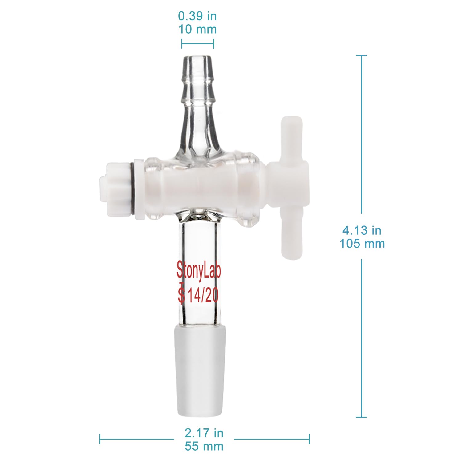 StonyLab PTFE Vacuum Flow Control Adapter with 14/20 Joint & Hose Connector - Lab Glassware Accessory for Chemistry Experiments & Distillation Setups