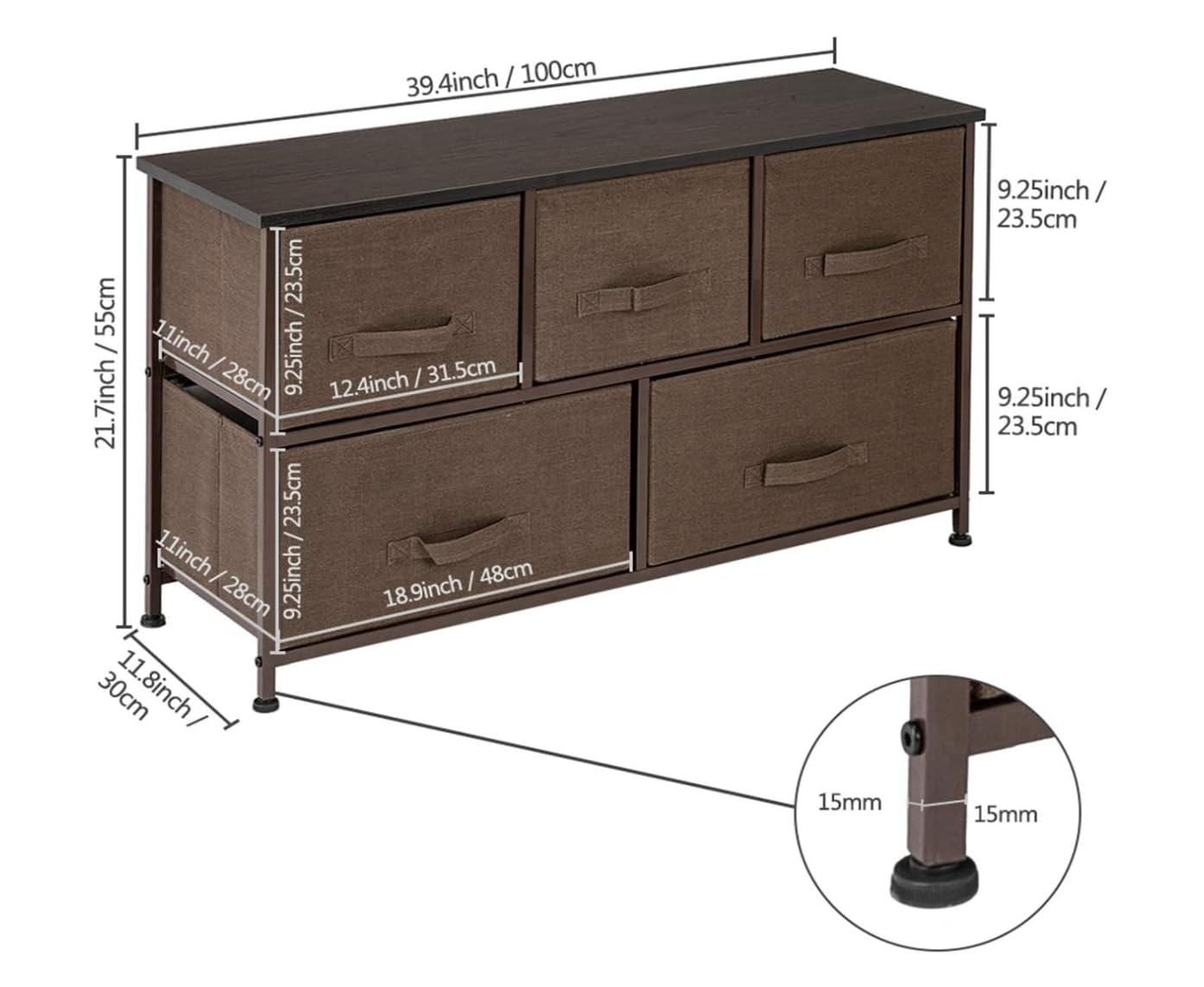 2-Tier Wide Closet Dresser with 5 Fabric Drawers - Nursery Dresser Tower, Metal Frame Storage Organizer for Bedroom, Closet & Nursery - Brown Simple Market Basket Stand by MITPATY | Space-Saving Home Organization Solution