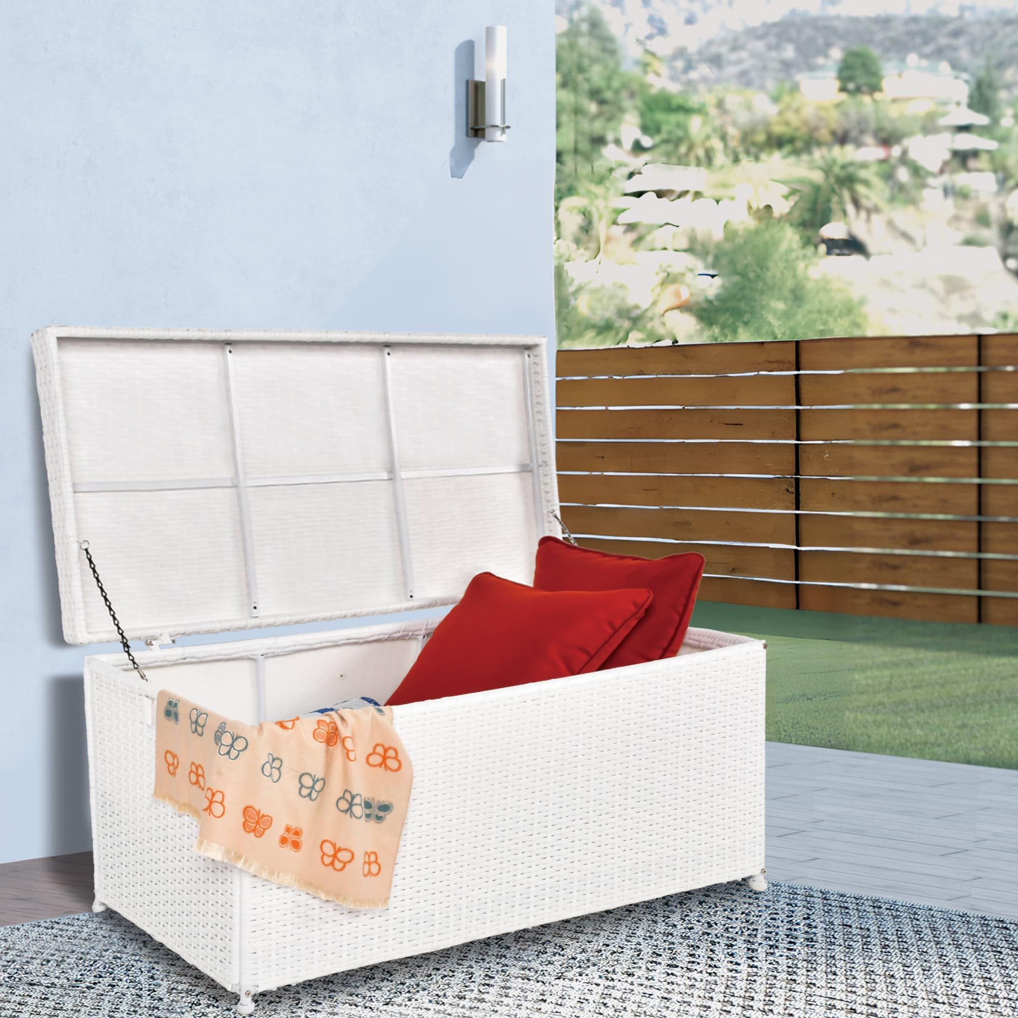 70 Gallon Outdoor Wicker Deck Storage Box with Lid - Weatherproof Patio Furniture Organizer for Cushions, Toys & Pool Accessories - White