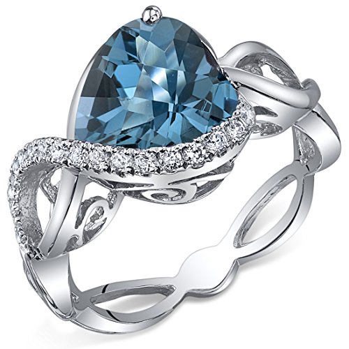 3.00 Carat Heart-Shaped London Blue Topaz Sterling Silver Ring with Rhodium Finish - Size 5 to 9 - Elegant Gift for Anniversary, Engagement & Special Occasions