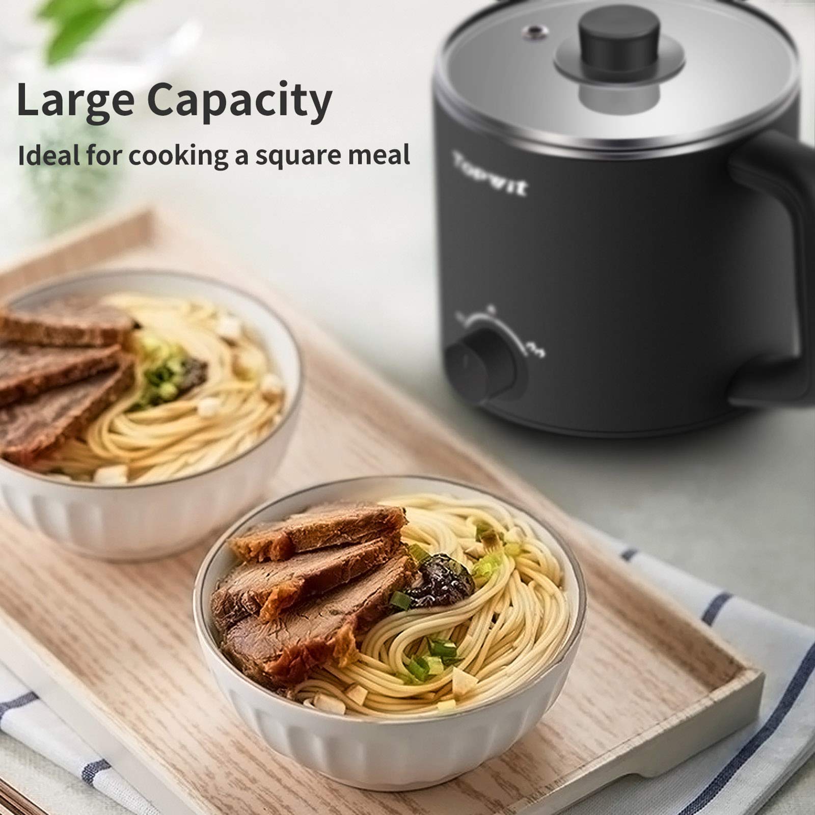 Topwit 1.6L Electric Hot Pot - Multi-Function Cooker for Ramen, Pasta, Shabu-Shabu, Soup & Eggs | Portable Mini Cooking Pot for Dorm, Office & Camping | Black