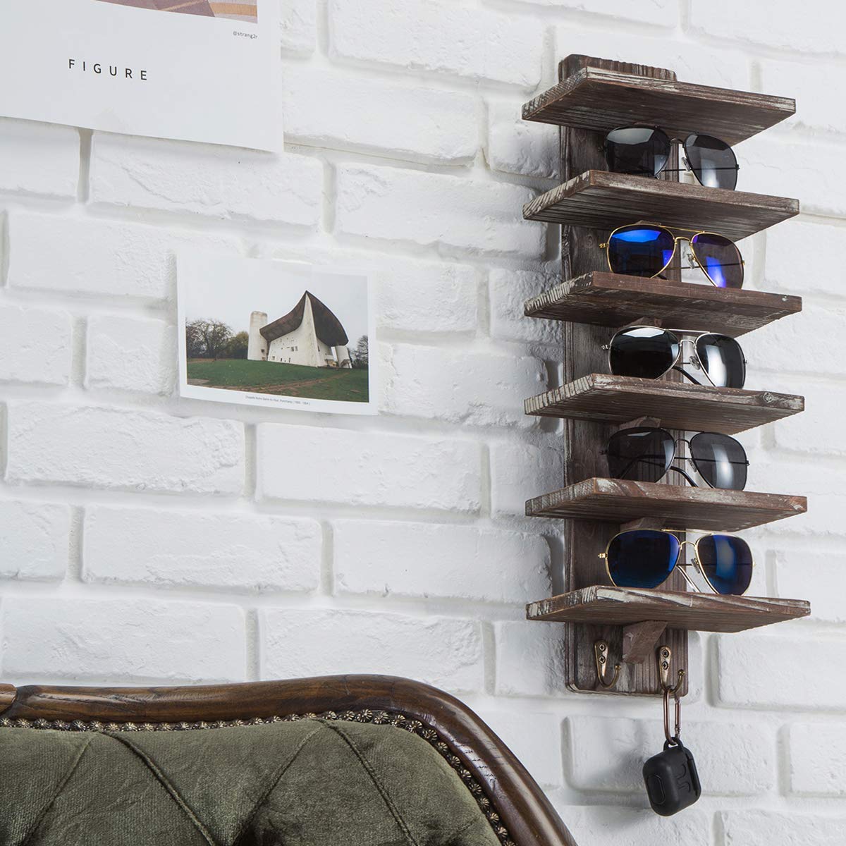 Rustic Wood Wall Mount Sunglasses Organizer - 6 Tier Glasses Storage Rack with 2 Hooks, Jewelry & Watch Display Cabinet, Key Holder - Perfect for Bedroom, Bathroom, Entryway Organization (MK551A)