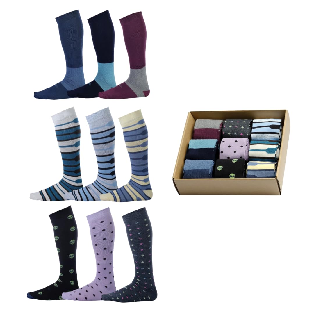 Pierre Henry Men's Over the Calf Dress Socks - 9 Pairs Colorful Funky Cotton Socks for Business & Casual Wear | Perfect for Office, Parties & Formal Events