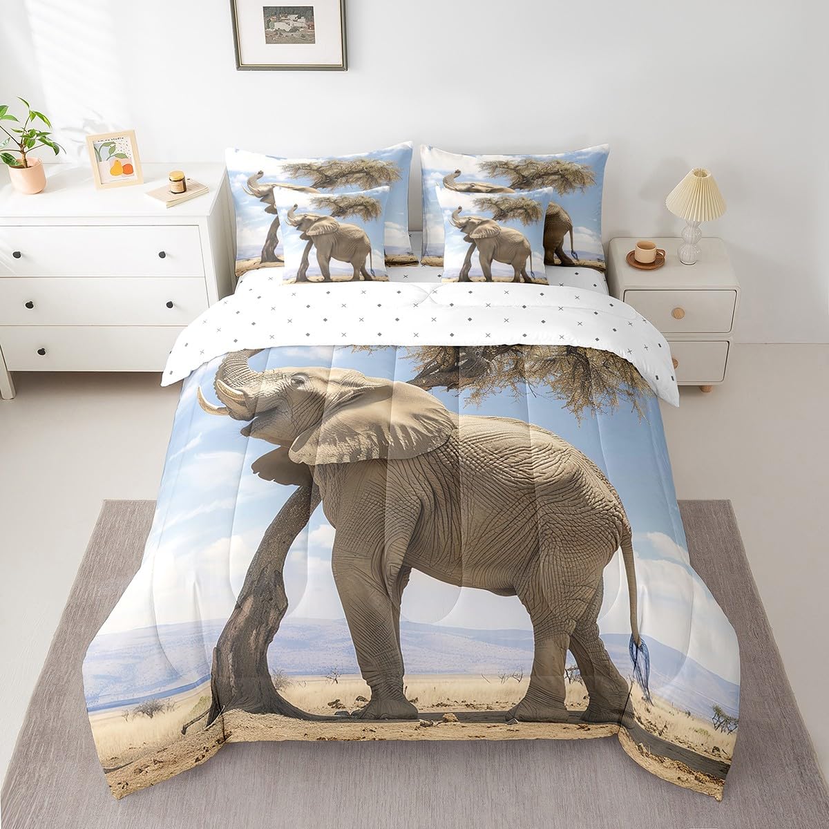 King Size Elephant Bedding Set for Kids & Adults - 7 Piece African Safari Wildlife Comforter Set with Pillowcases | Jungle Theme Bed in A Bag | Perfect for Nursery, Teen Room & Wildlife Lovers