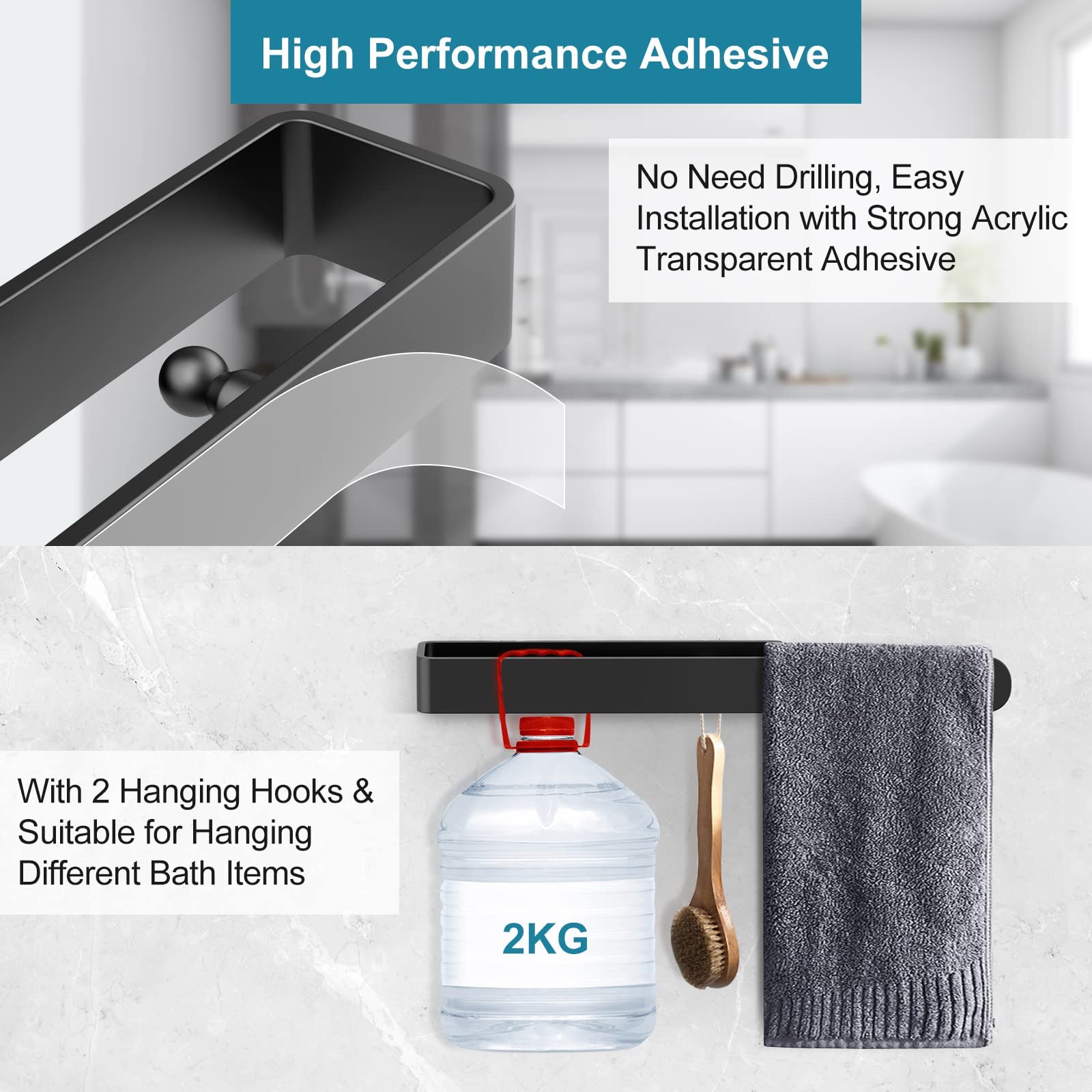 Black Wall Mounted Towel Rail - 37cm No Drill No Screw Self Adhesive Bathroom Towel Holder | Perfect for Small Bathrooms, Apartments & RVs