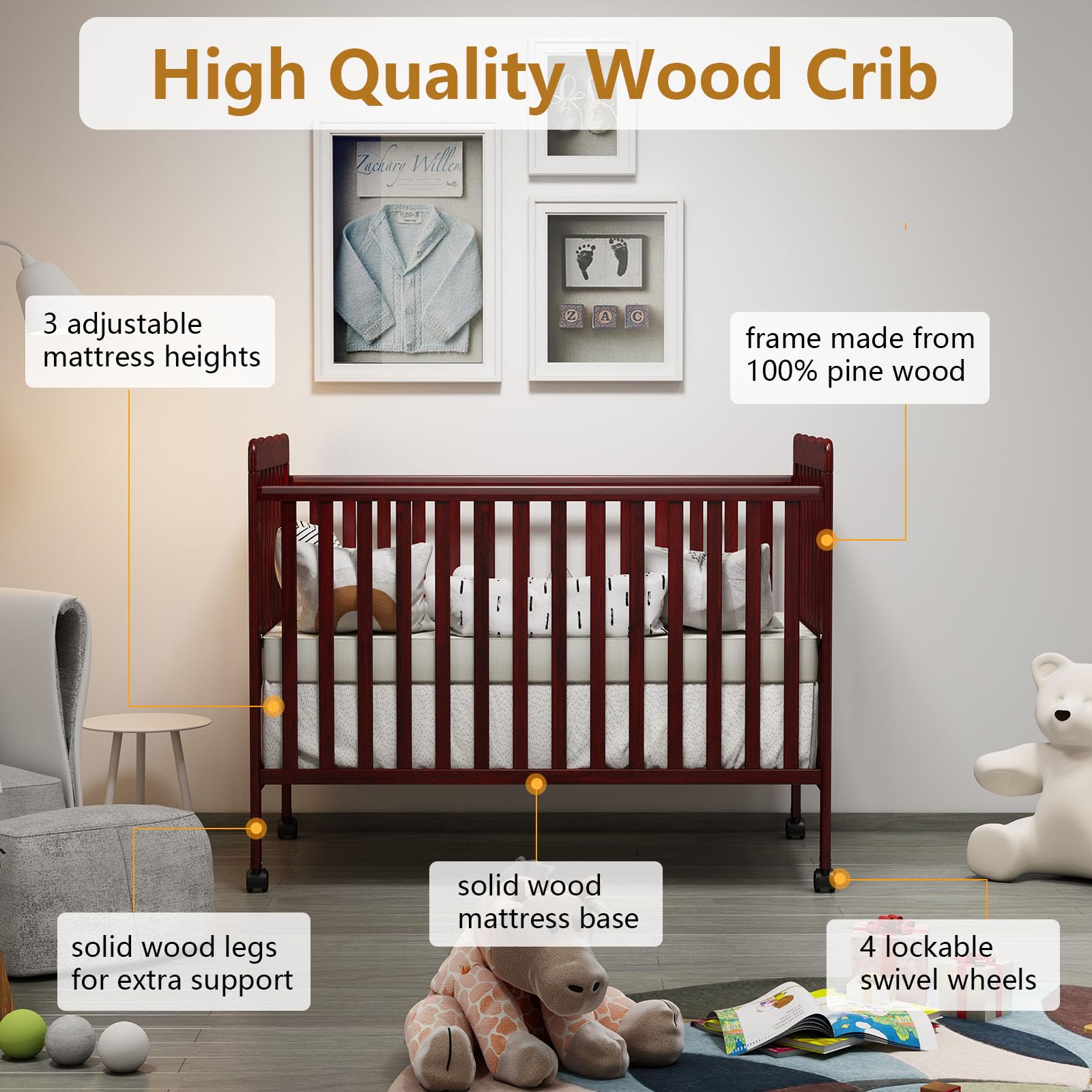 3-in-1 Convertible Crib to Toddler Bed & Full Size Bed Frame - Safe Baby Crib for Nursery | Perfect for Small Spaces & Growing Kids | Mattress Not Included