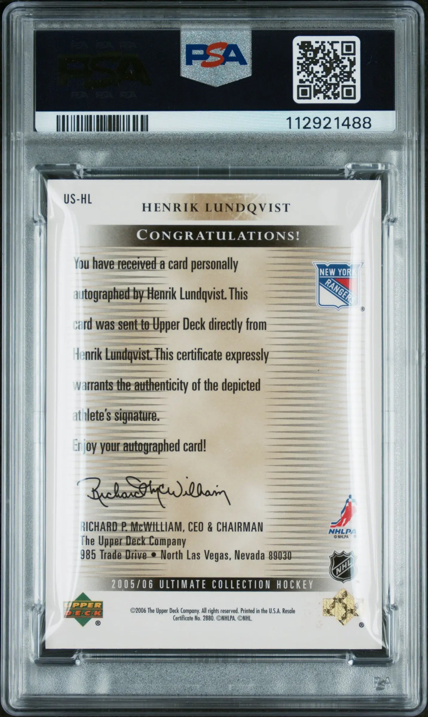 2005 Upper Deck Ultimate Collection Henrik Lundqvist Autograph Hockey Card PSA 8 - Perfect for NHL Collectors & Hockey Memorabilia Displays