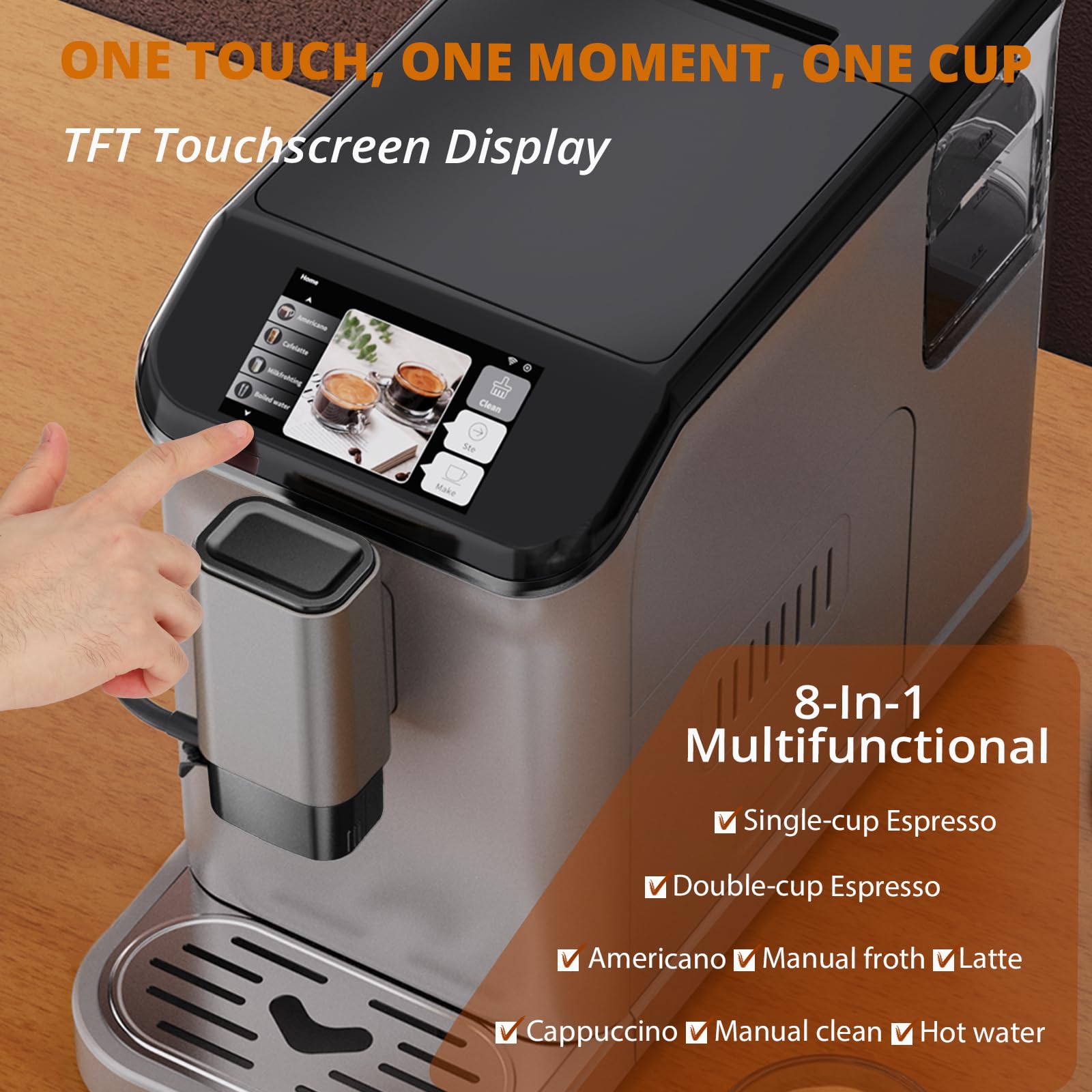 Premium Automatic Espresso Coffee Machine with Built-in Grinder & Milk Frother - 20 Bar Pressure, TFT Touch Screen for Latte, Cappuccino & Americano (Silver/Black) - Perfect for Home Baristas & Coffee Shops